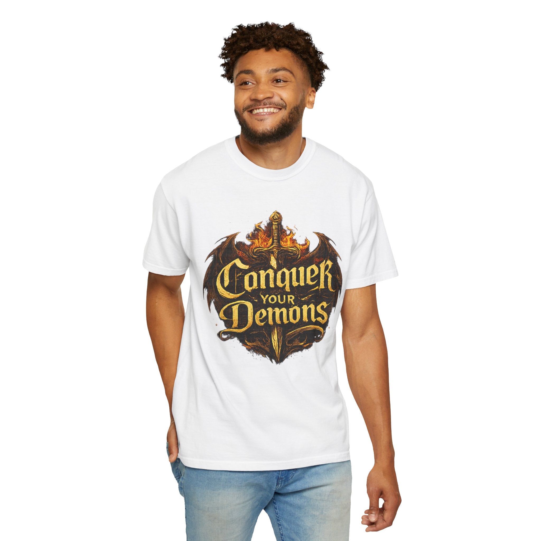 Conquer Your Demons T-Shirt — Gothic Sword & Flames Motivational Tee