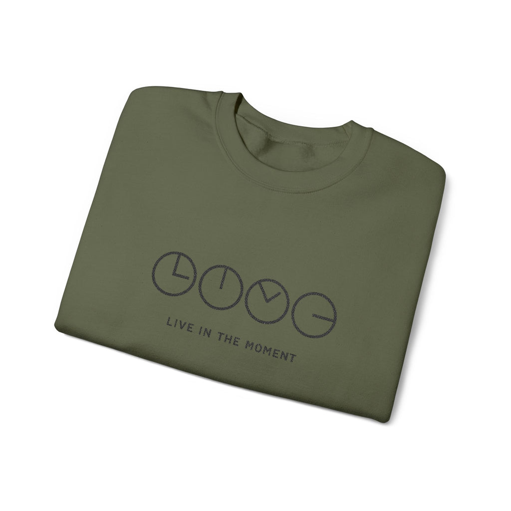 Live In The Moment Crewneck Sweatshirt — Minimal Clock Graphic Embroidered