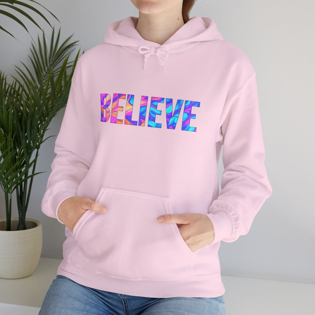 Believe in Yourself Hoodie — Colorful Watercolor Text Inspirational Sweatshirt