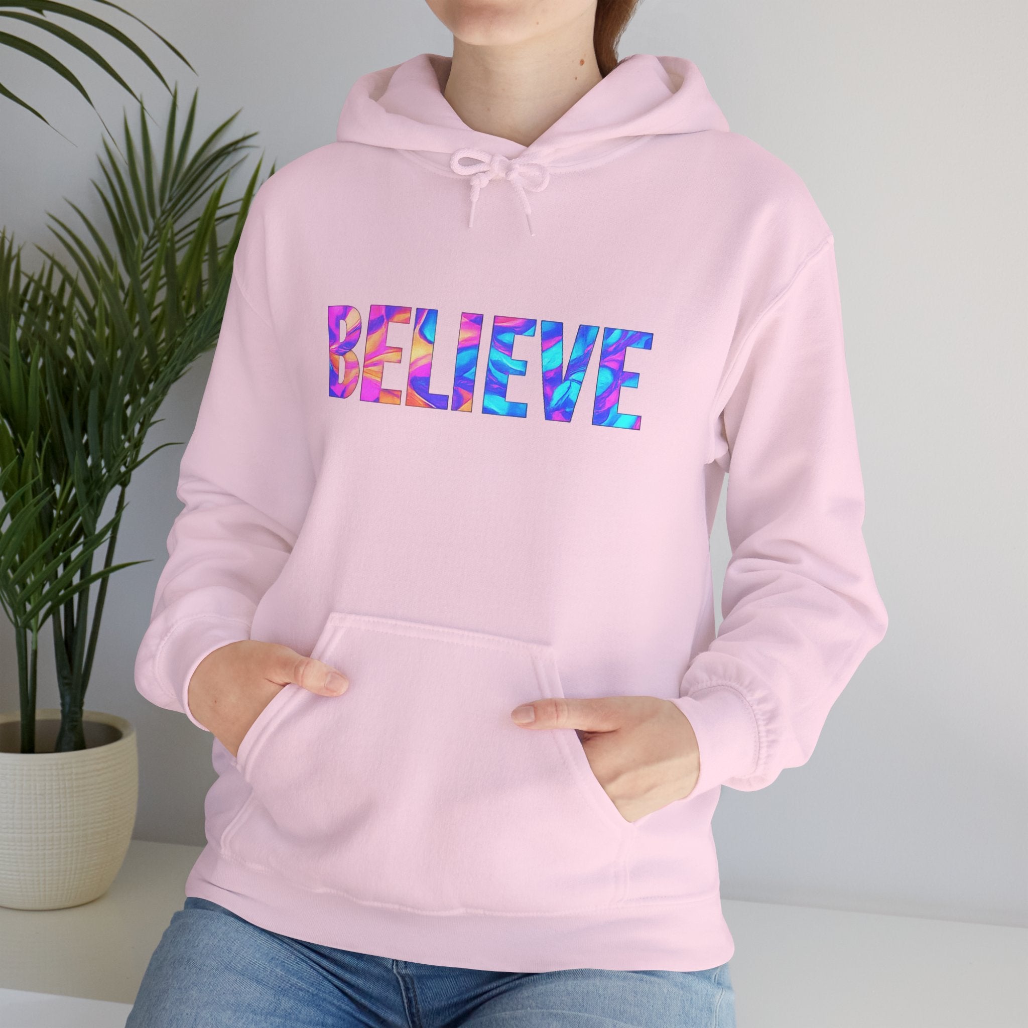 Believe in Yourself Hoodie — Colorful Watercolor Text Inspirational Sweatshirt