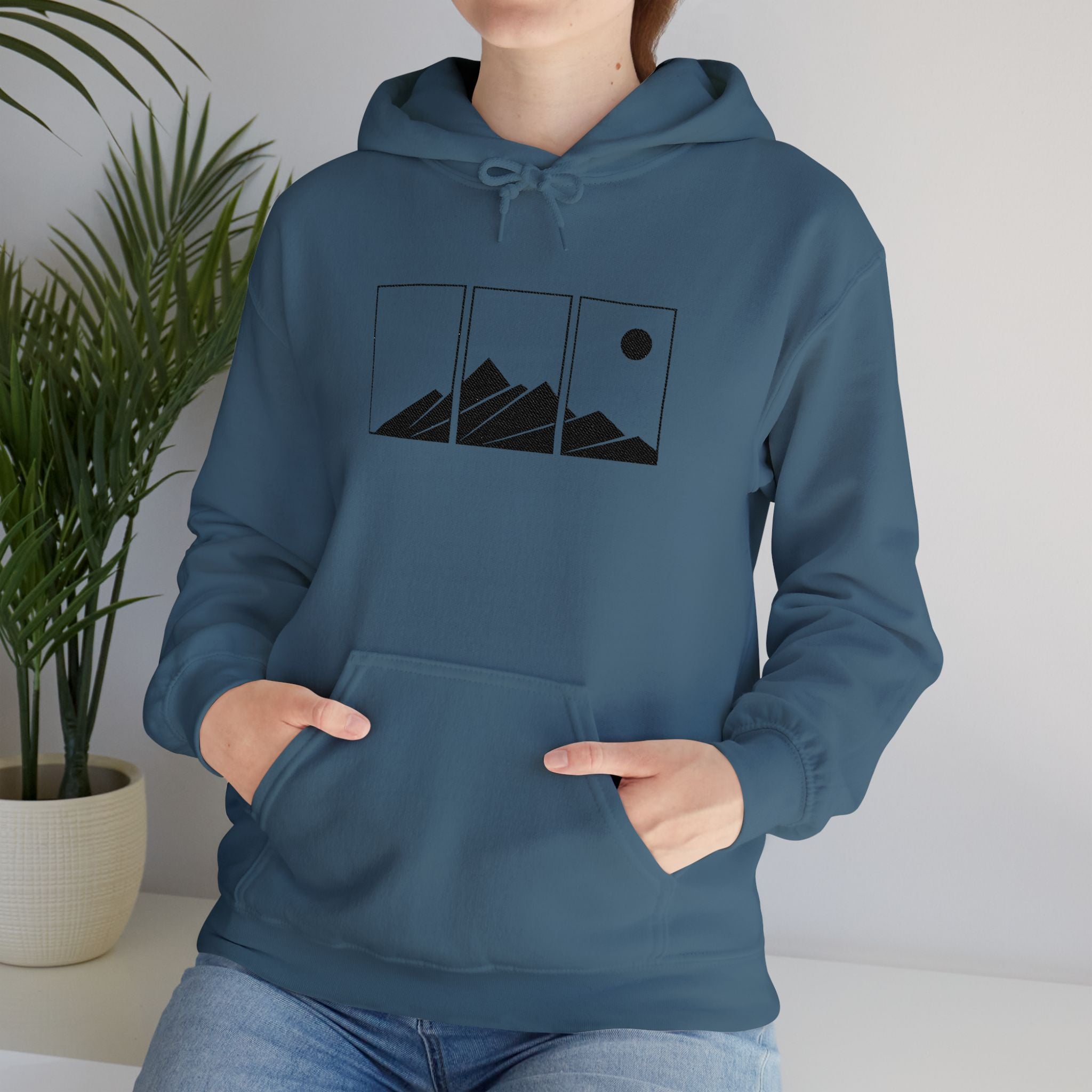 Mountain Triptych Hoodie — Minimalist Scenic Graphic Pullover Embroidered