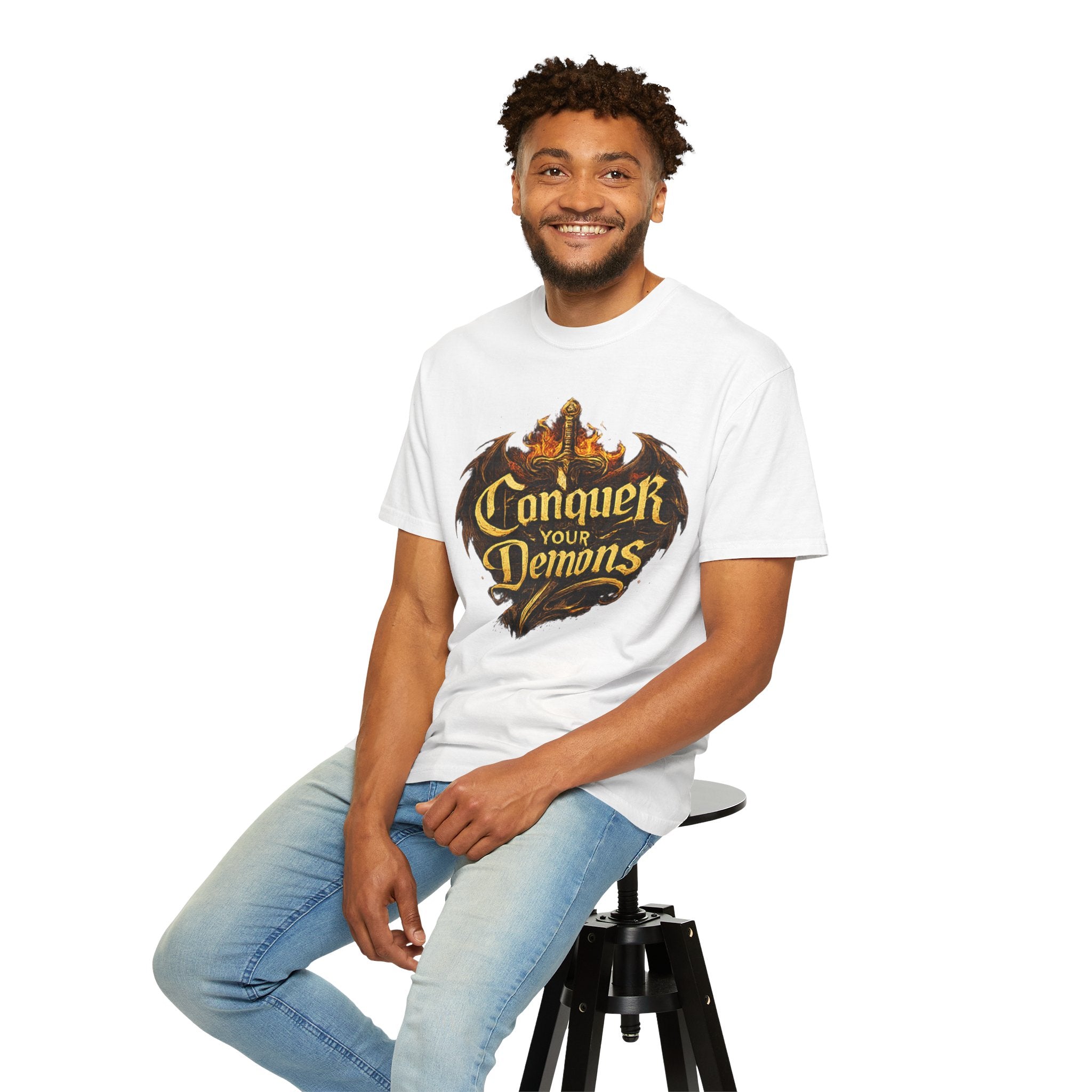 Conquer Your Demons T-Shirt — Gothic Sword & Flames Motivational Tee