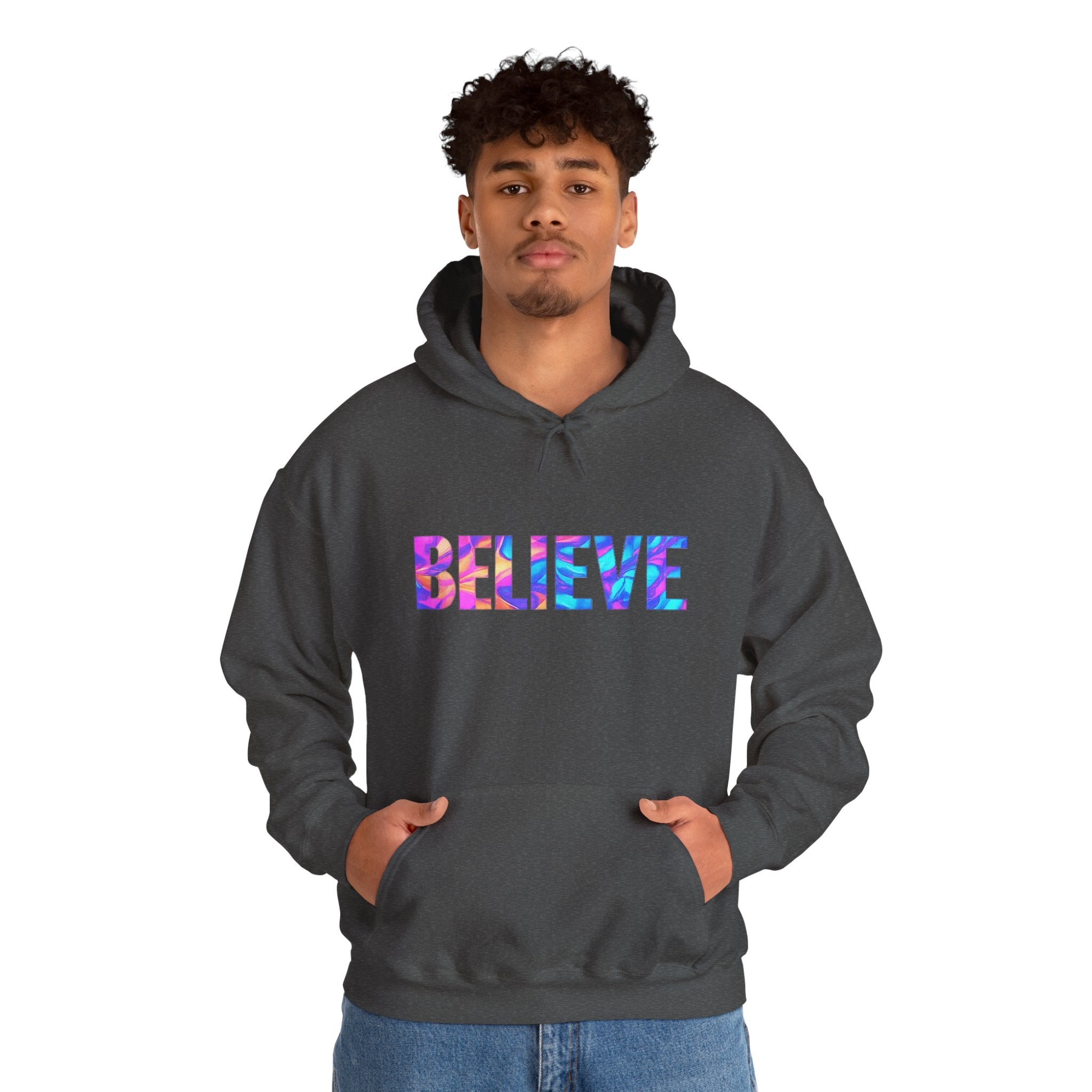 Believe in Yourself Hoodie — Colorful Watercolor Text Inspirational Sweatshirt