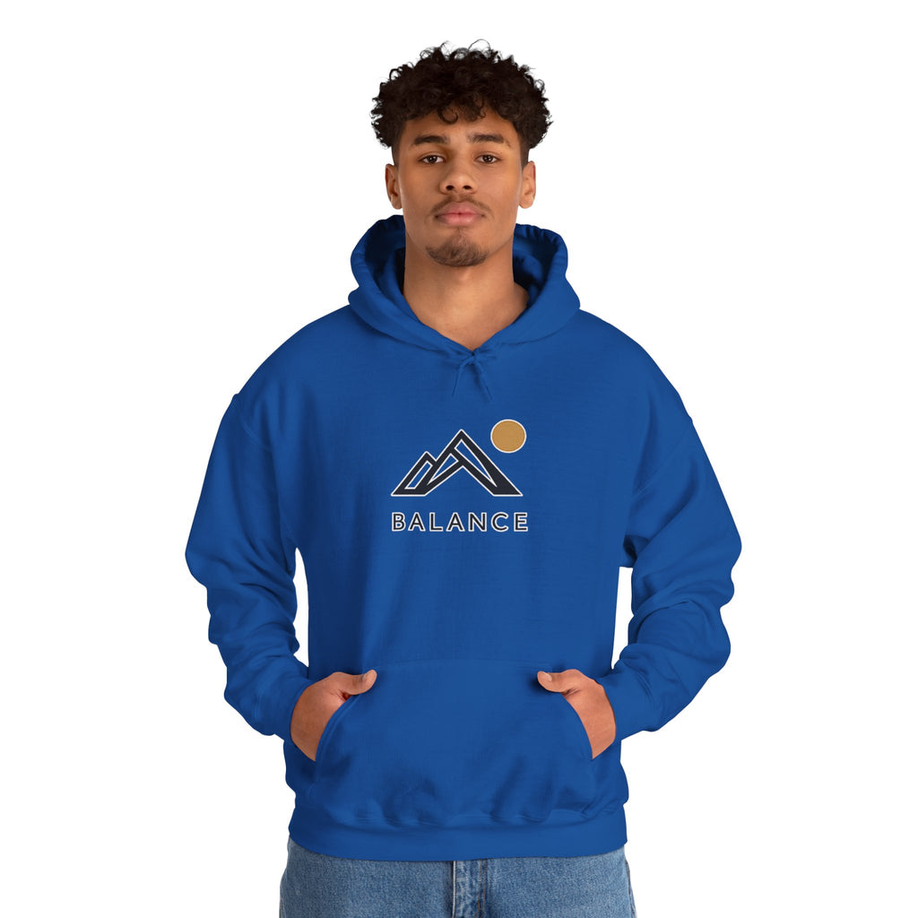 Balance Mountain Hoodie — Minimalist Sunrise Graphic Hooded Sweatshirt