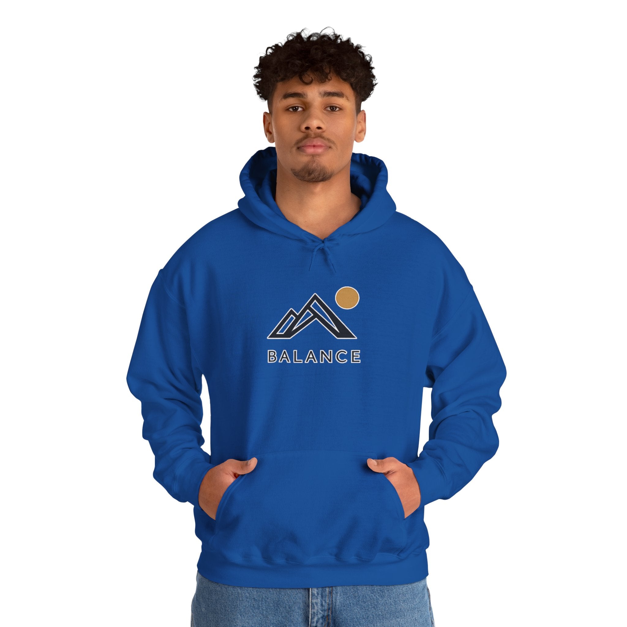 Balance Mountain Hoodie — Minimalist Sunrise Graphic Hooded Sweatshirt