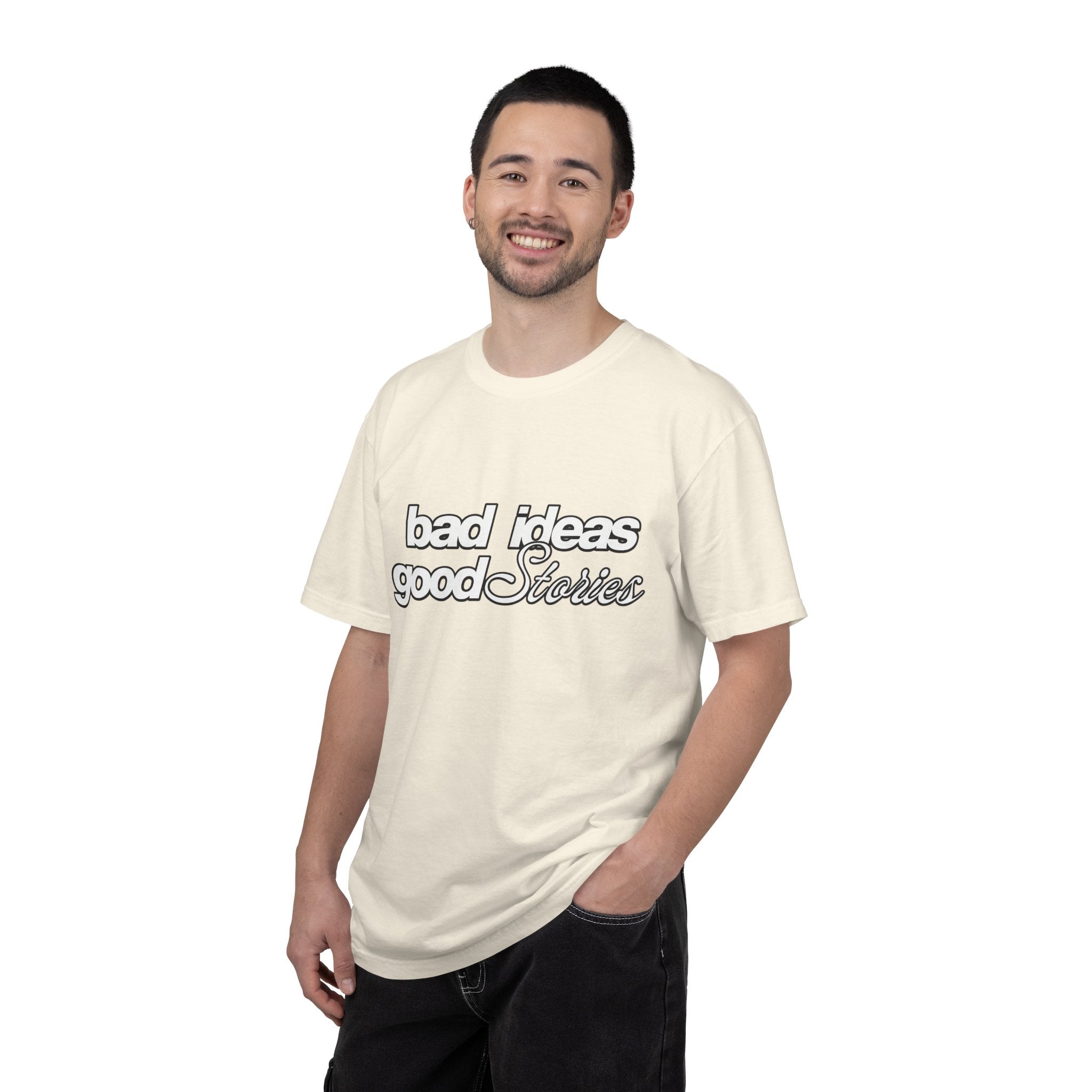 T-Shirt — “bad ideas good stories” Retro Script Tee