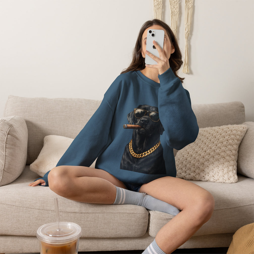 Cool Black Lab Crewneck Sweatshirt — Dog with Cigar & Gold Chain Graphic