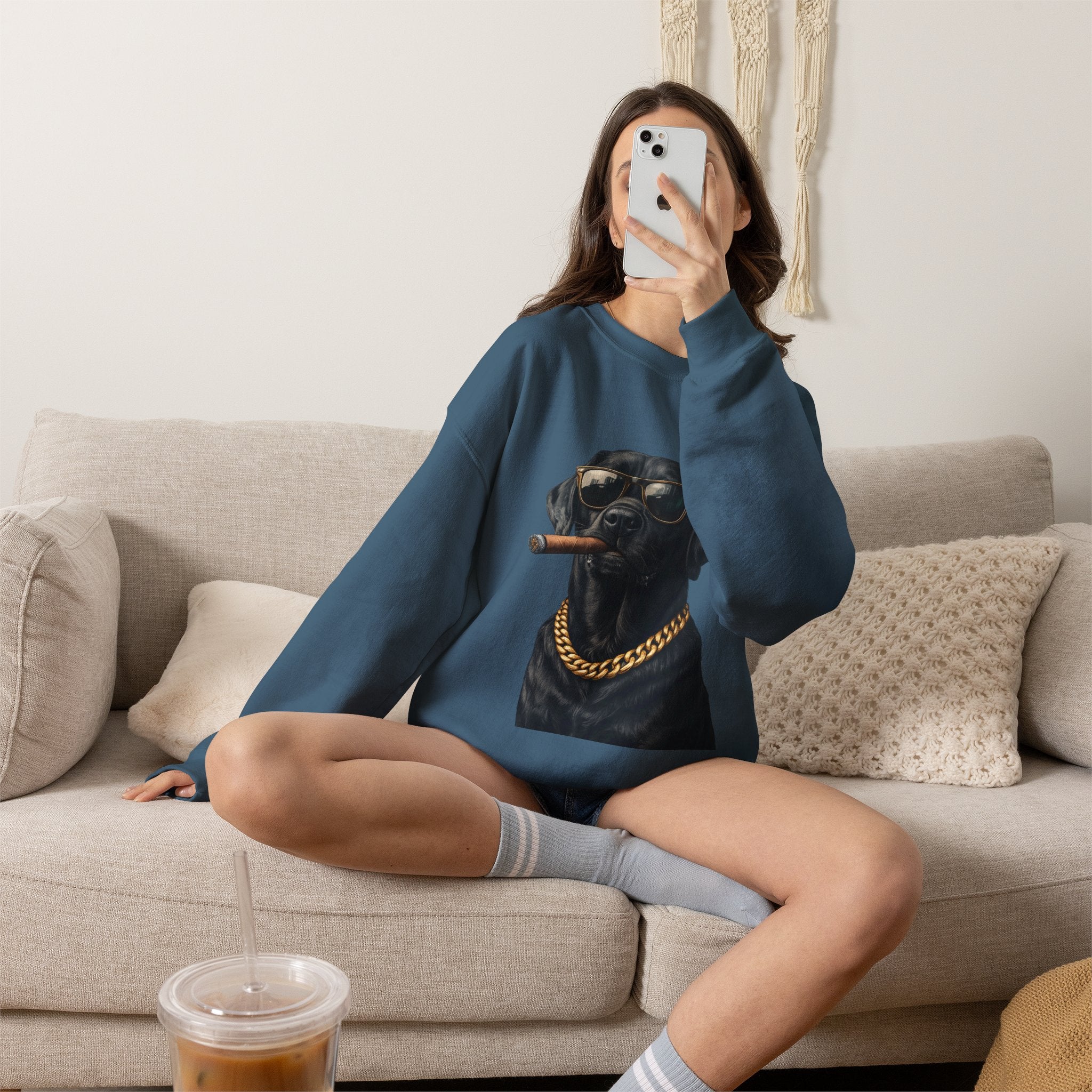 Cool Black Lab Crewneck Sweatshirt — Dog with Cigar & Gold Chain Graphic