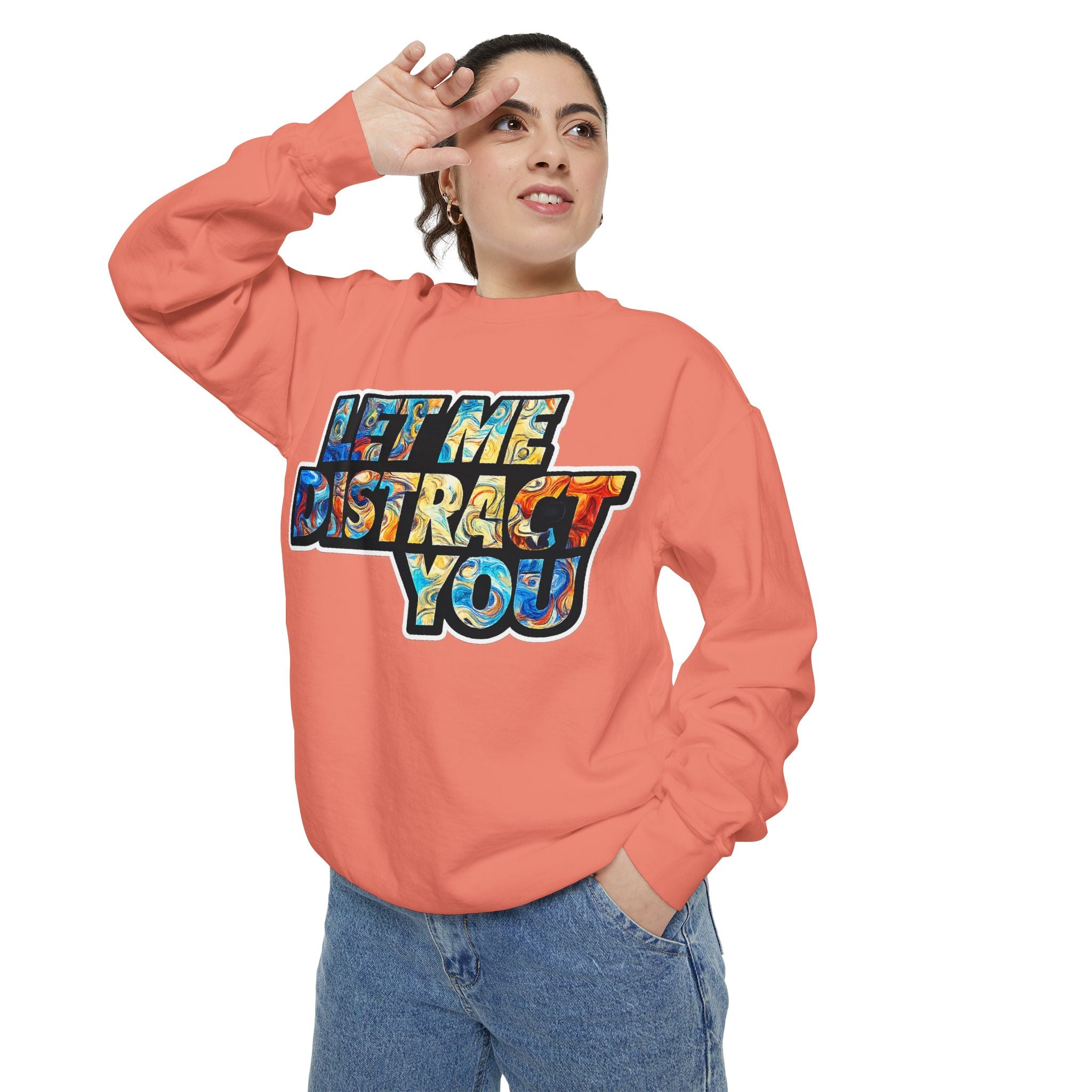 Let Me Distract You Sweatshirt — Colorful Retro Graphic Crewneck