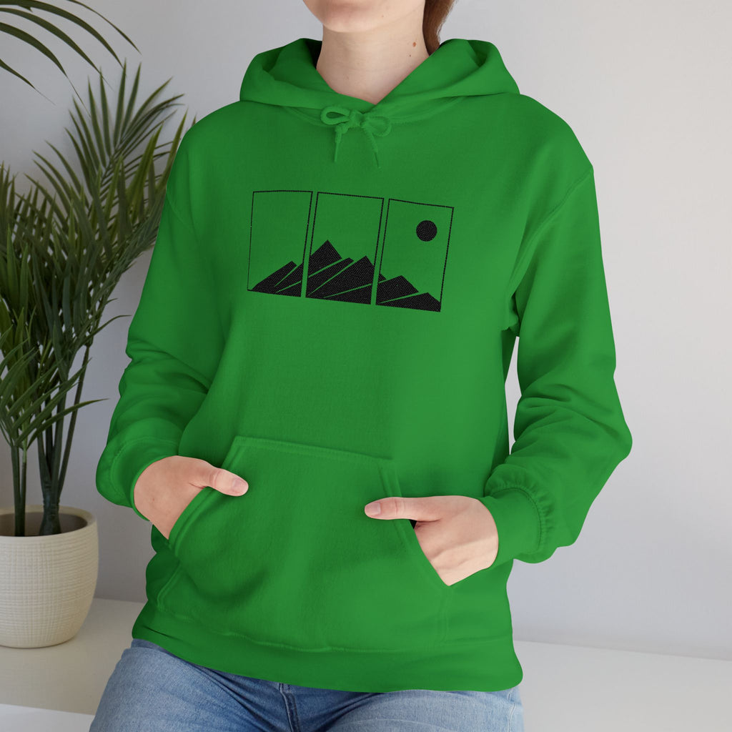 Mountain Triptych Hoodie — Minimalist Scenic Graphic Pullover Embroidered
