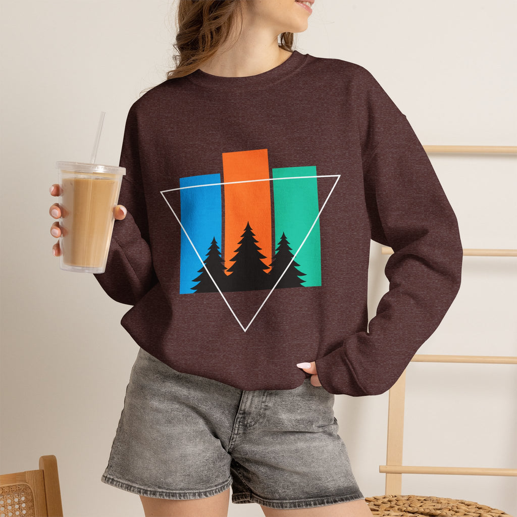 Retro Forest Crewneck Sweatshirt — Colorblock Trees Graphic