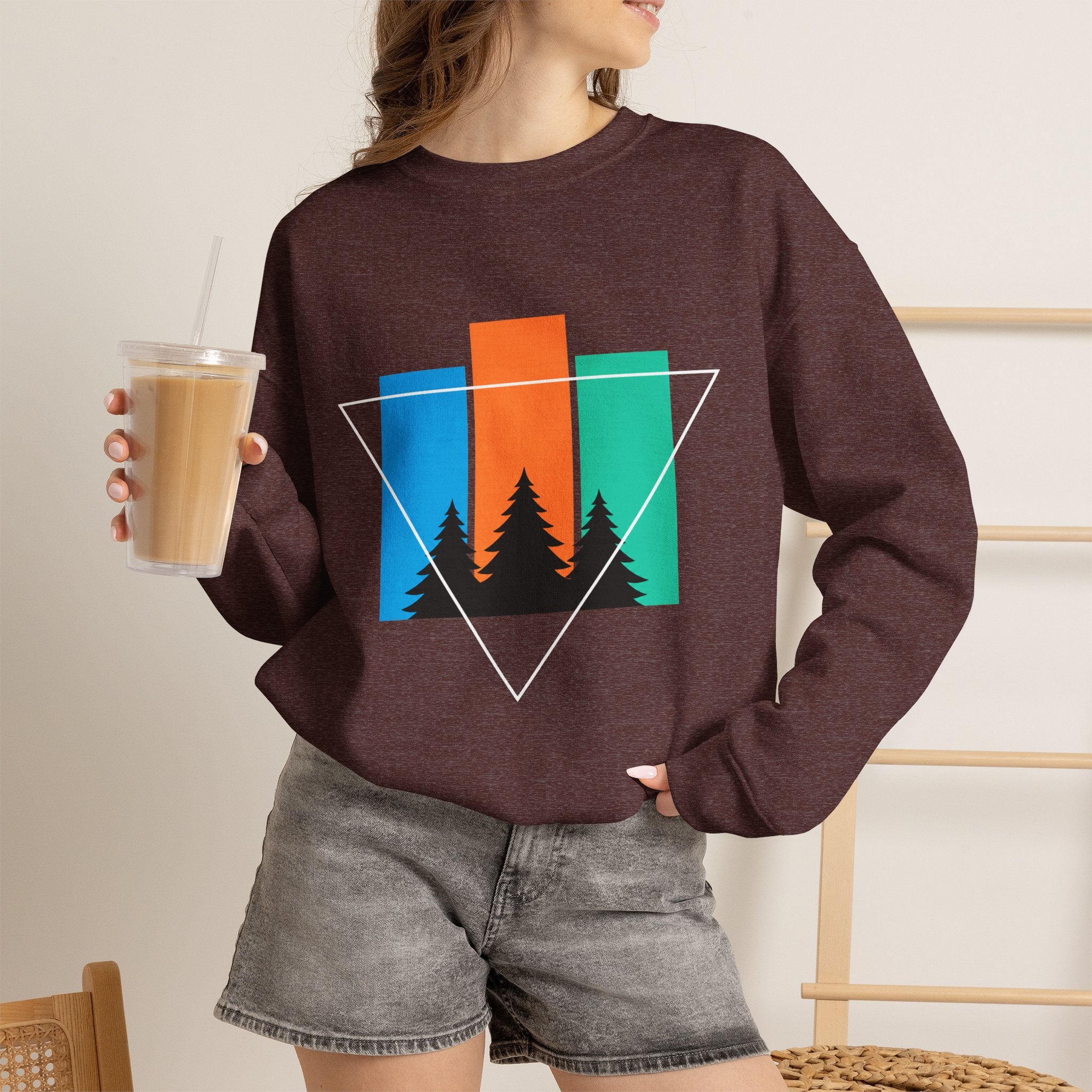 Retro Forest Crewneck Sweatshirt — Colorblock Trees Graphic