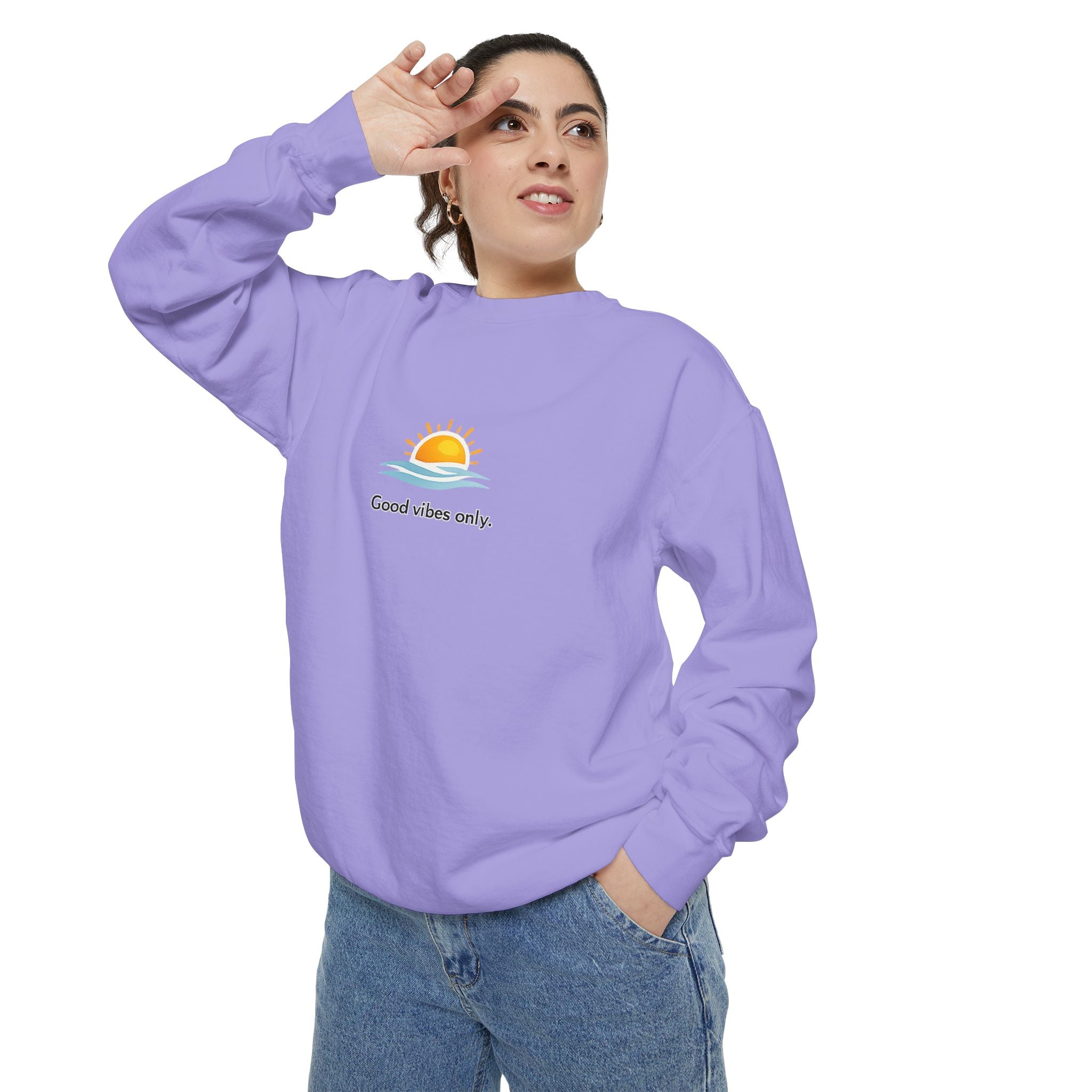 Good Vibes Only Sweatshirt — Sunrise Graphic Cozy Pullover
