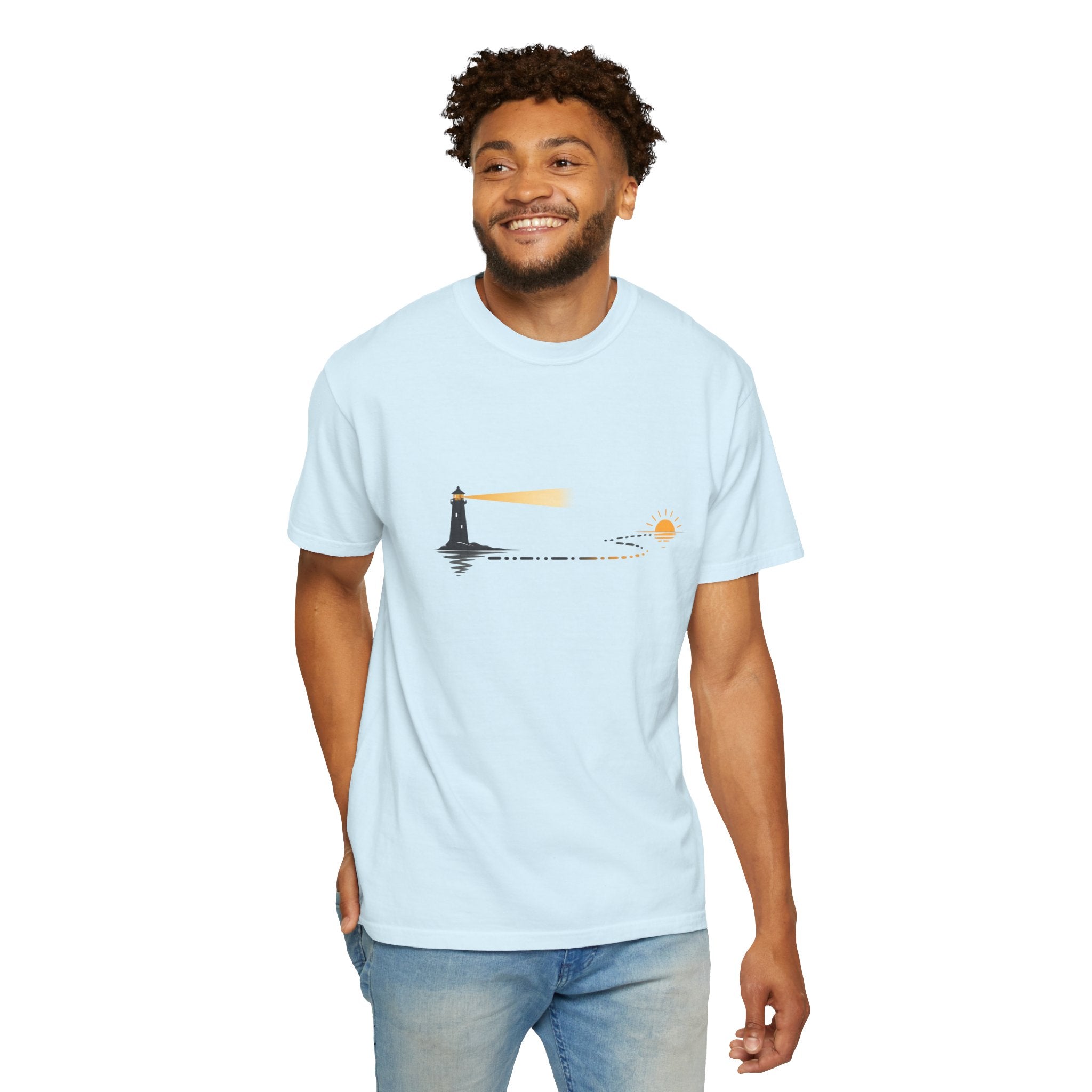 Lighthouse Sunset T-Shirt — Nautical Coastal Tee with Beacon Graphic