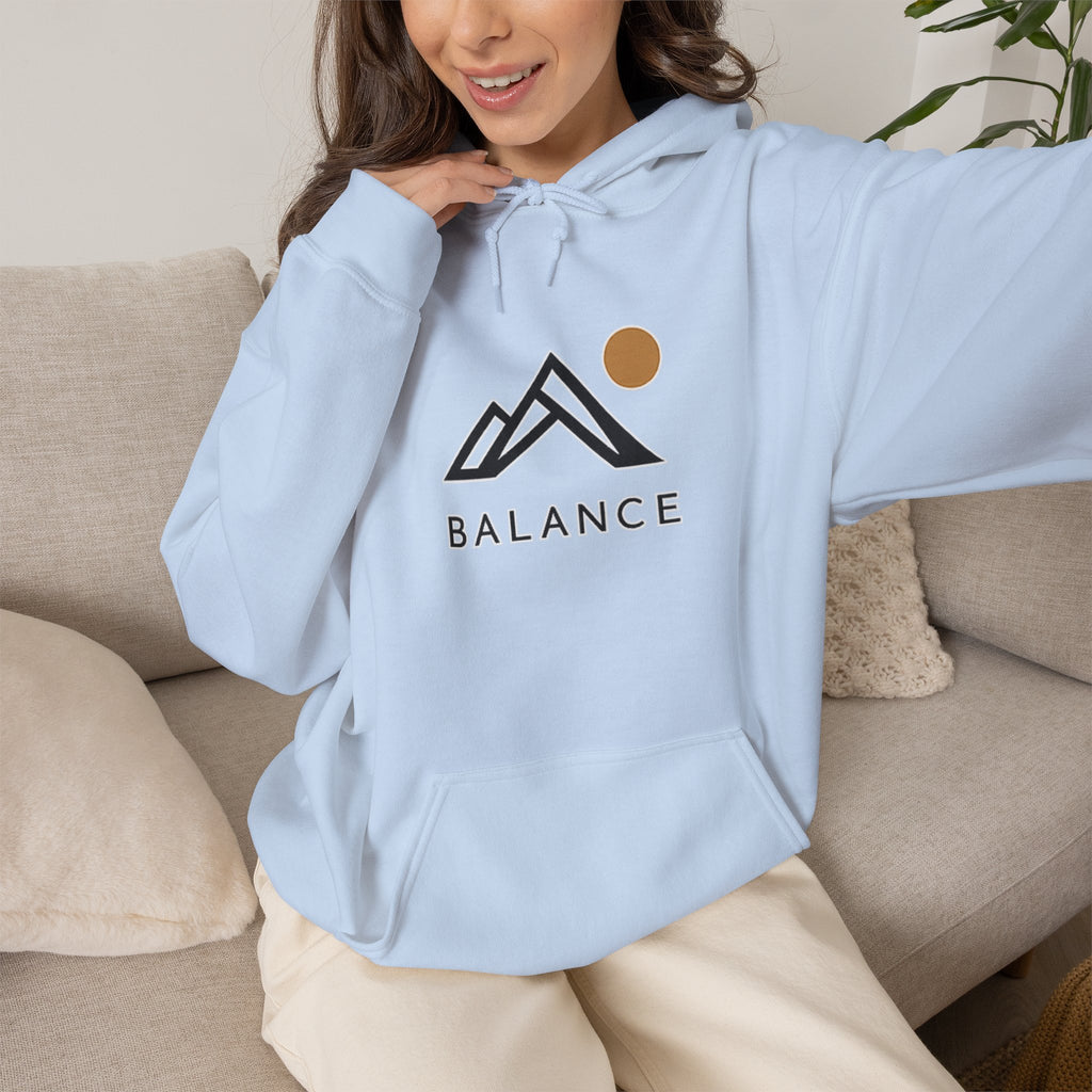 Balance Mountain Hoodie — Minimalist Sunrise Graphic Hooded Sweatshirt