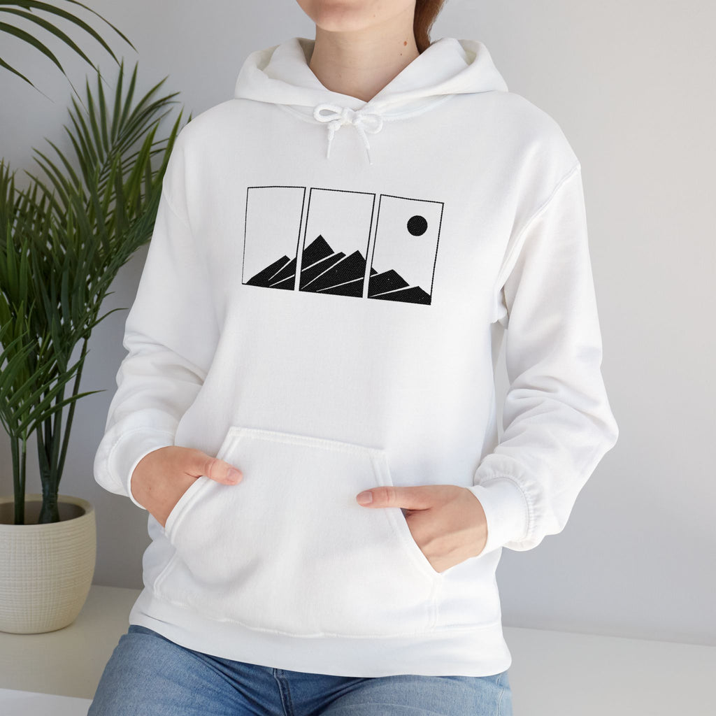 Mountain Triptych Hoodie — Minimalist Scenic Graphic Pullover Embroidered