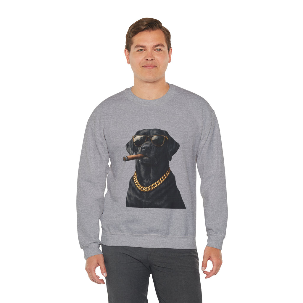 Cool Black Lab Crewneck Sweatshirt — Dog with Cigar & Gold Chain Graphic