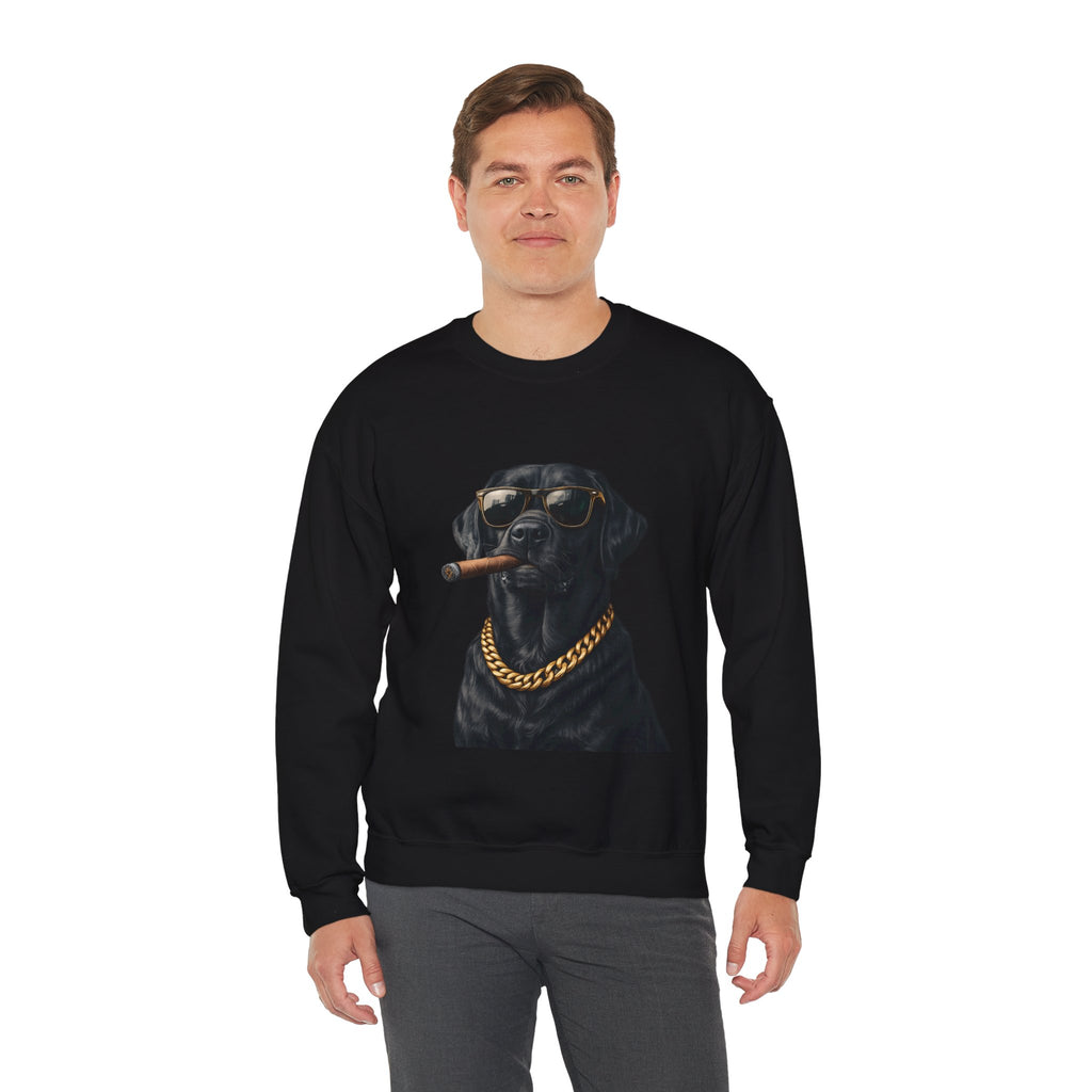 Cool Black Lab Crewneck Sweatshirt — Dog with Cigar & Gold Chain Graphic