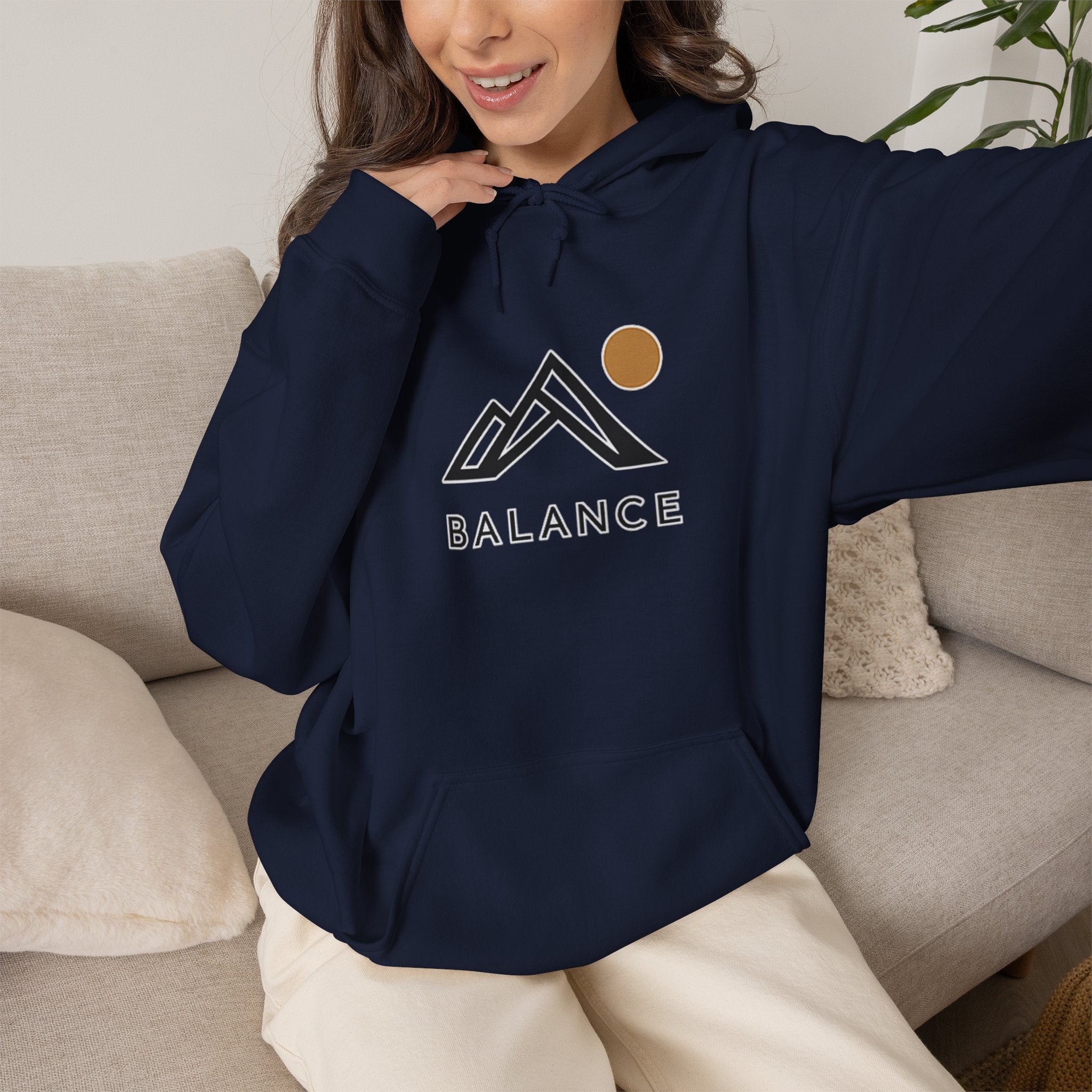 Balance Mountain Hoodie — Minimalist Sunrise Graphic Hooded Sweatshirt
