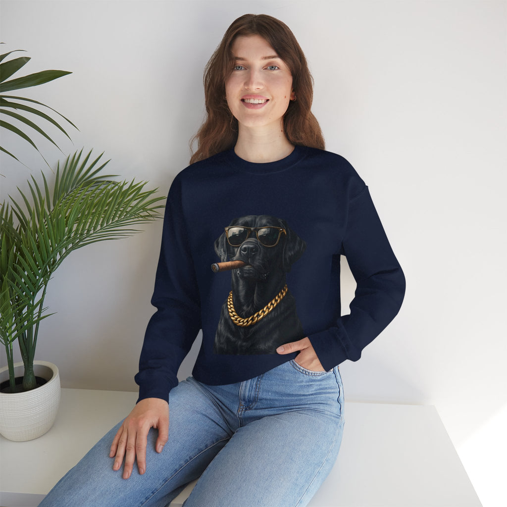Cool Black Lab Crewneck Sweatshirt — Dog with Cigar & Gold Chain Graphic