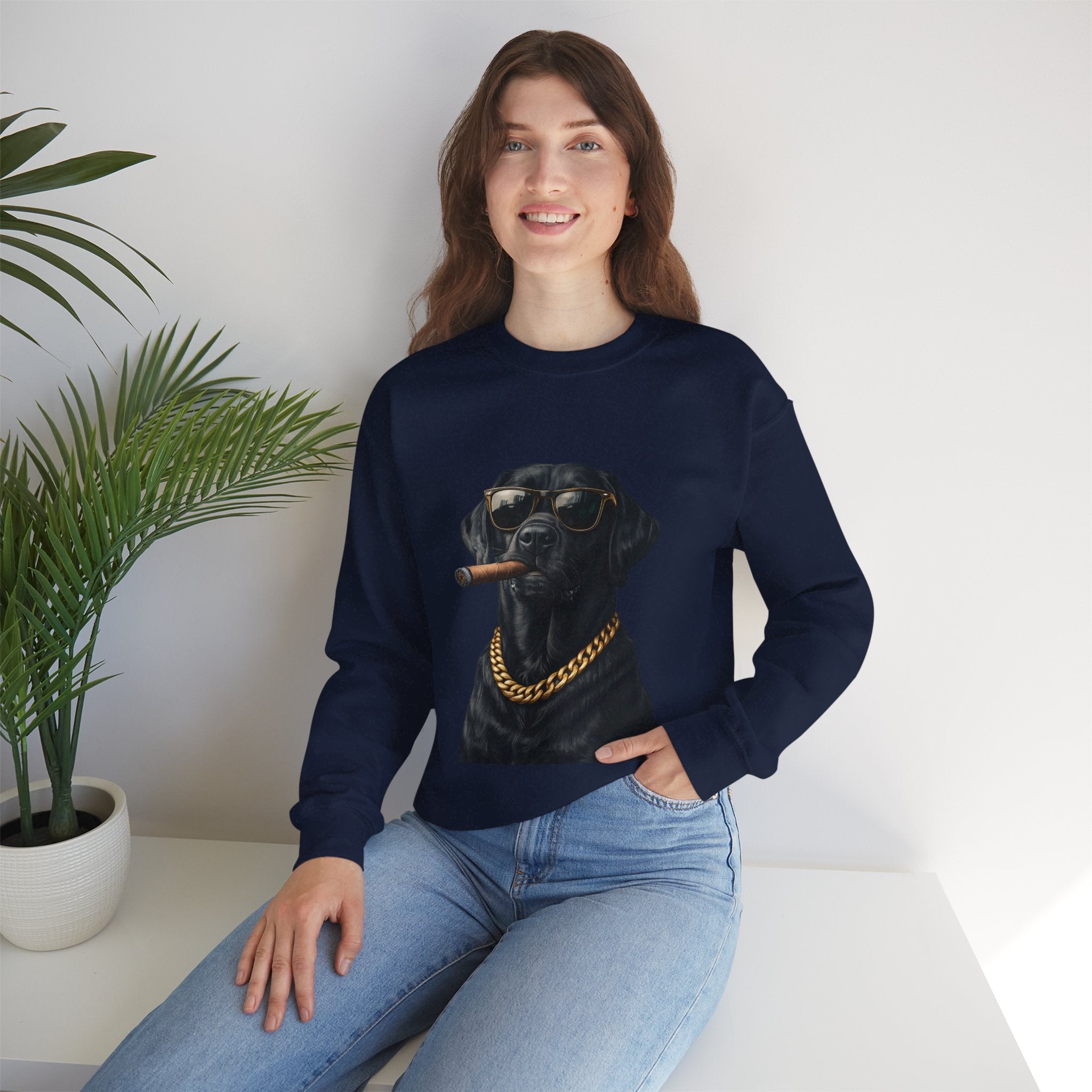 Cool Black Lab Crewneck Sweatshirt — Dog with Cigar & Gold Chain Graphic