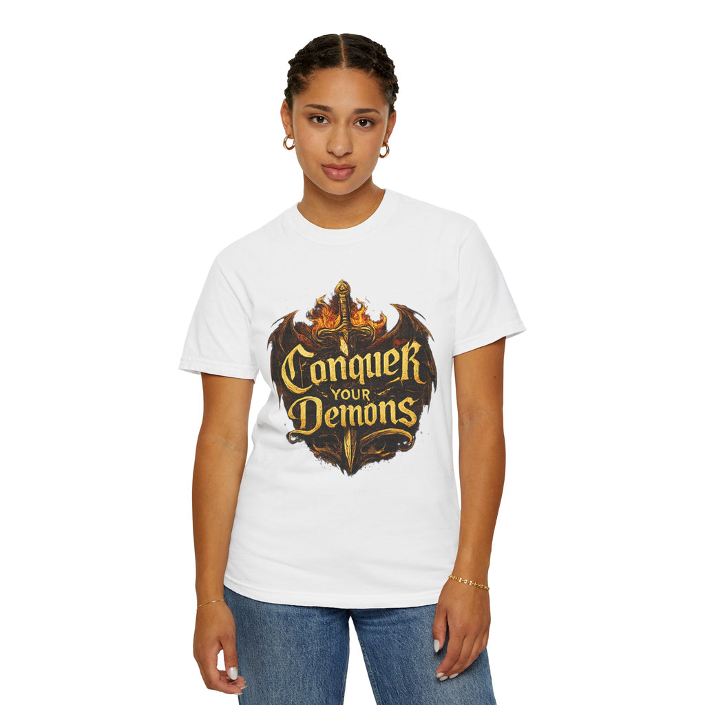 Conquer Your Demons T-Shirt — Gothic Sword & Flames Motivational Tee