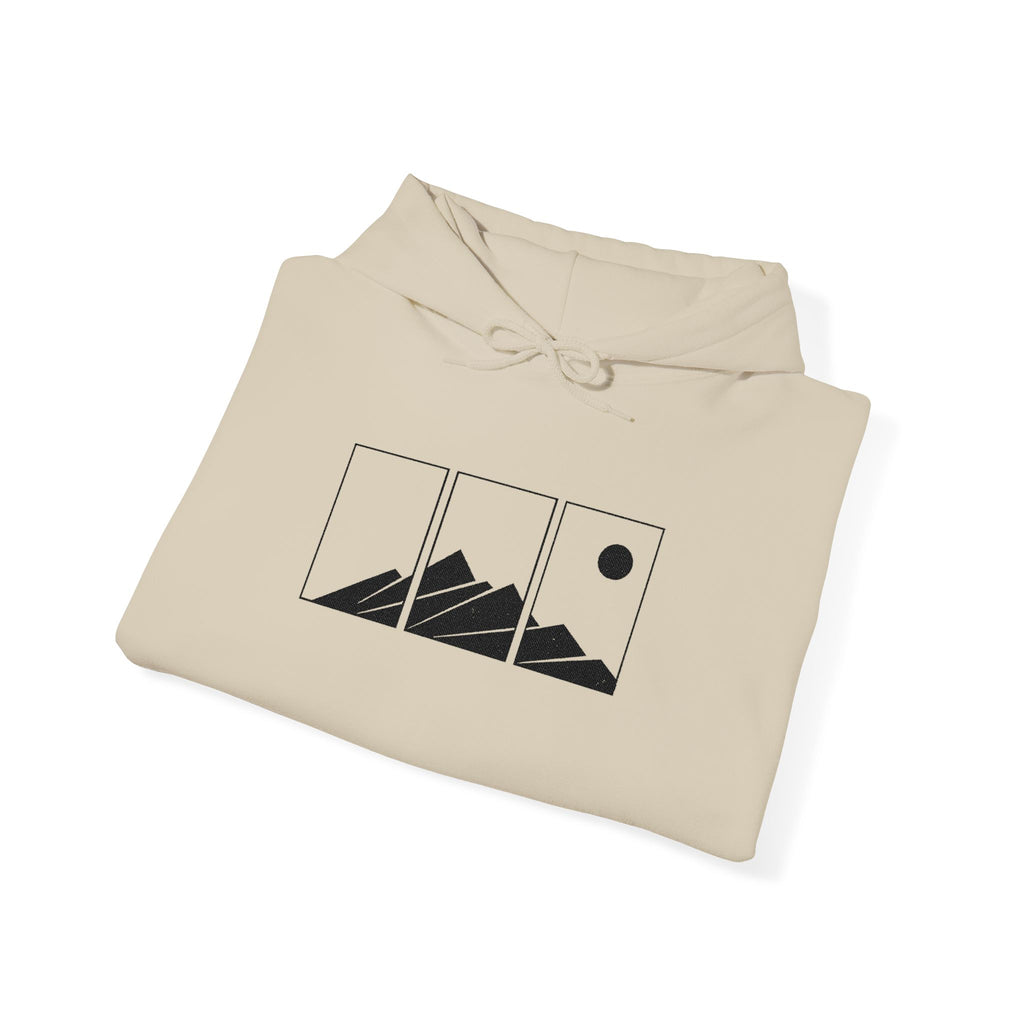 Mountain Triptych Hoodie — Minimalist Scenic Graphic Pullover Embroidered