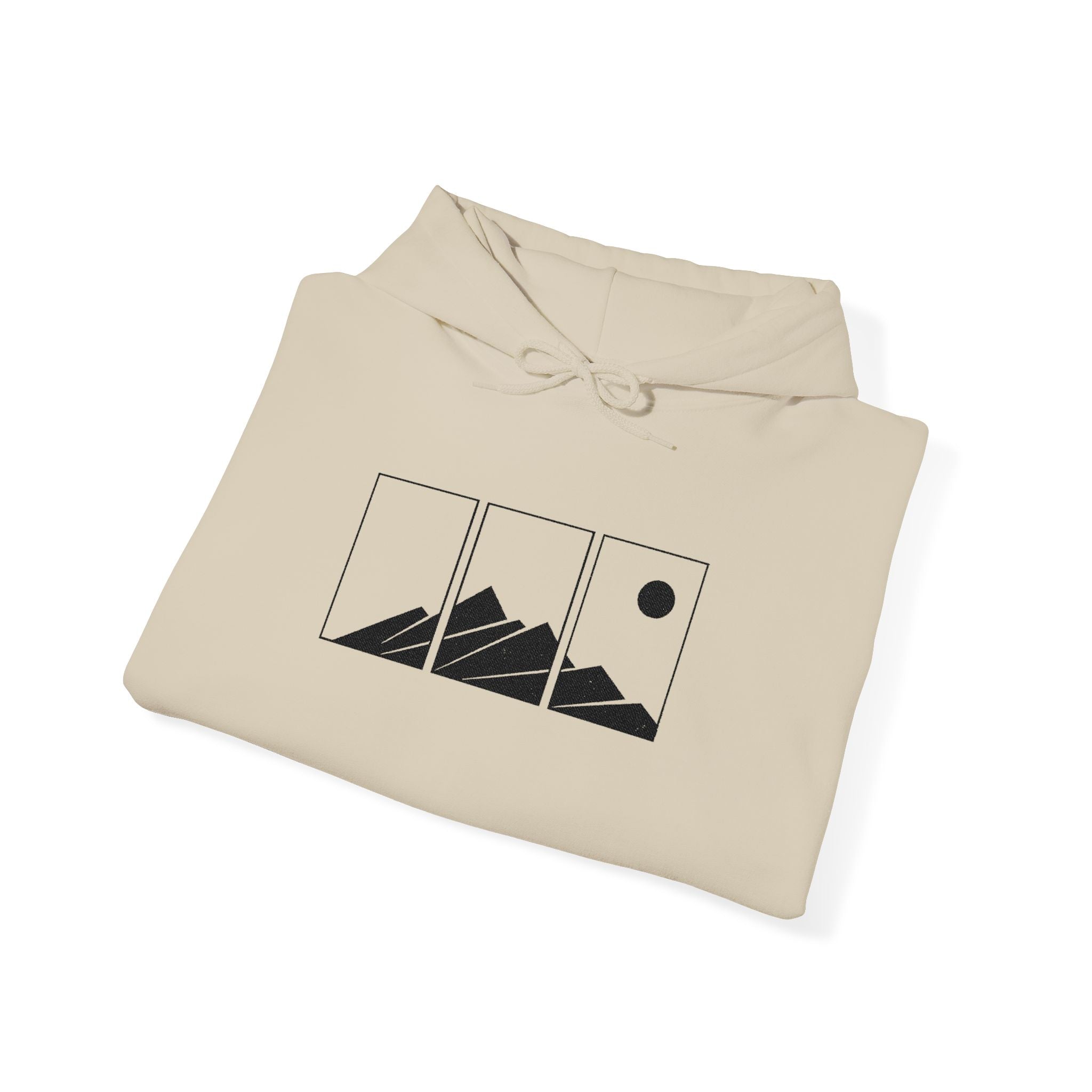 Mountain Triptych Hoodie — Minimalist Scenic Graphic Pullover Embroidered