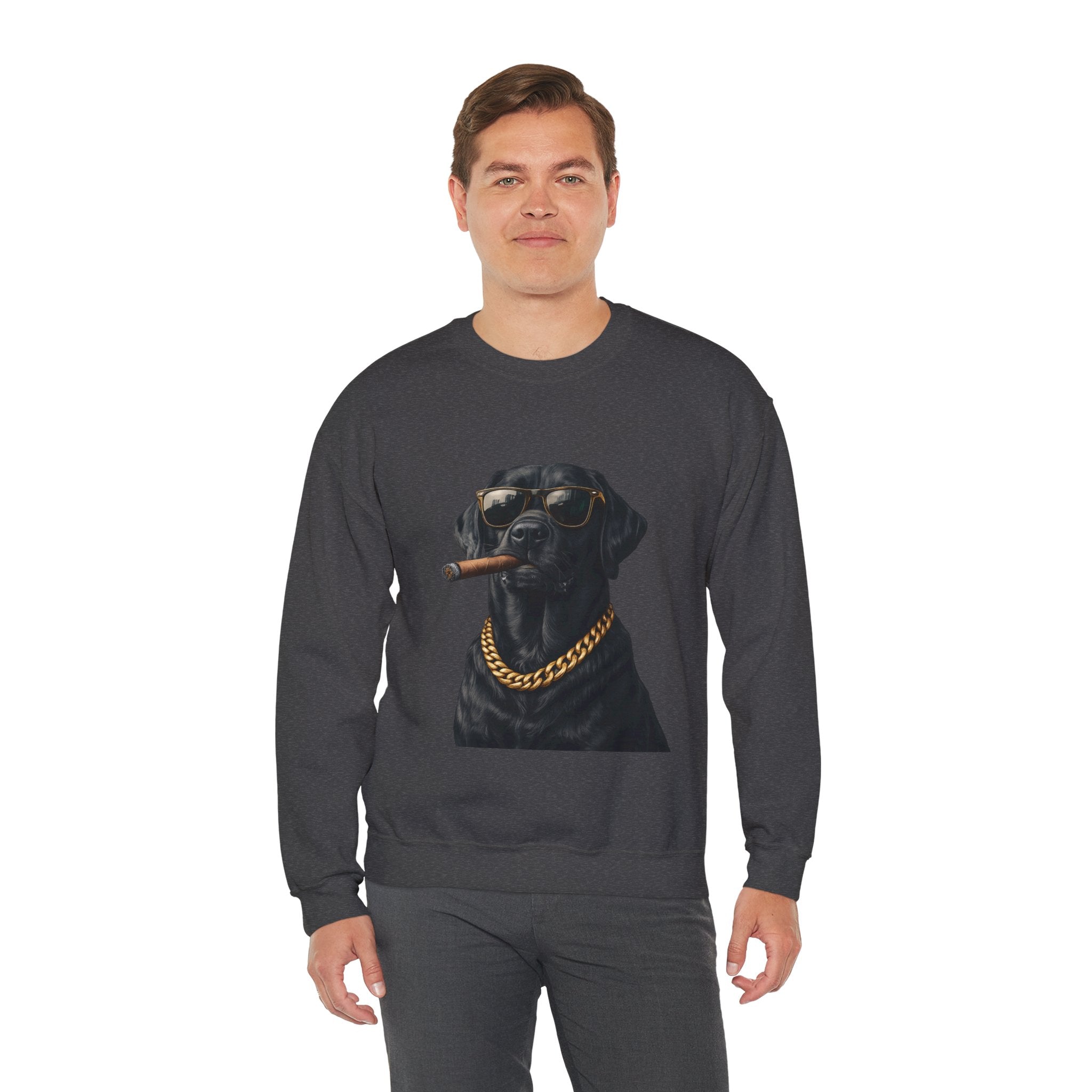 Cool Black Lab Crewneck Sweatshirt — Dog with Cigar & Gold Chain Graphic
