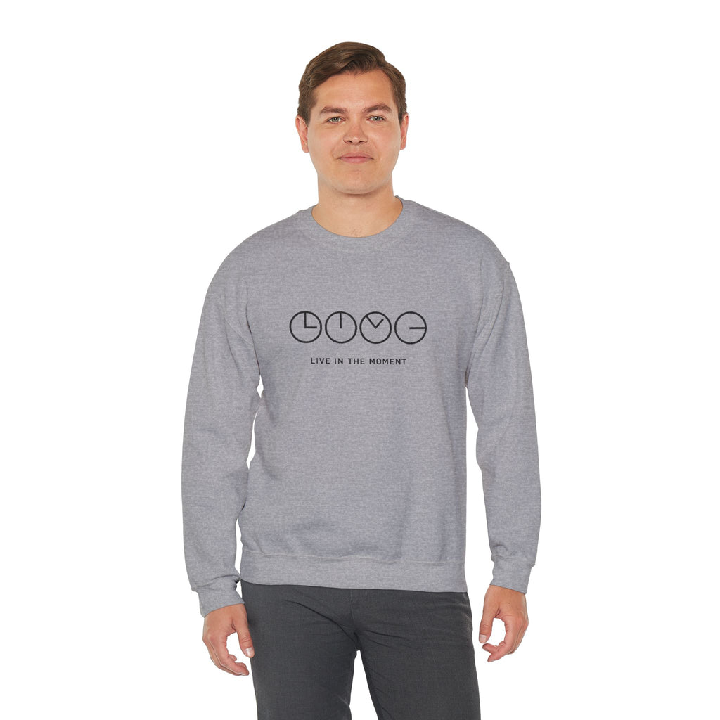 Live In The Moment Crewneck Sweatshirt — Minimal Clock Graphic Embroidered