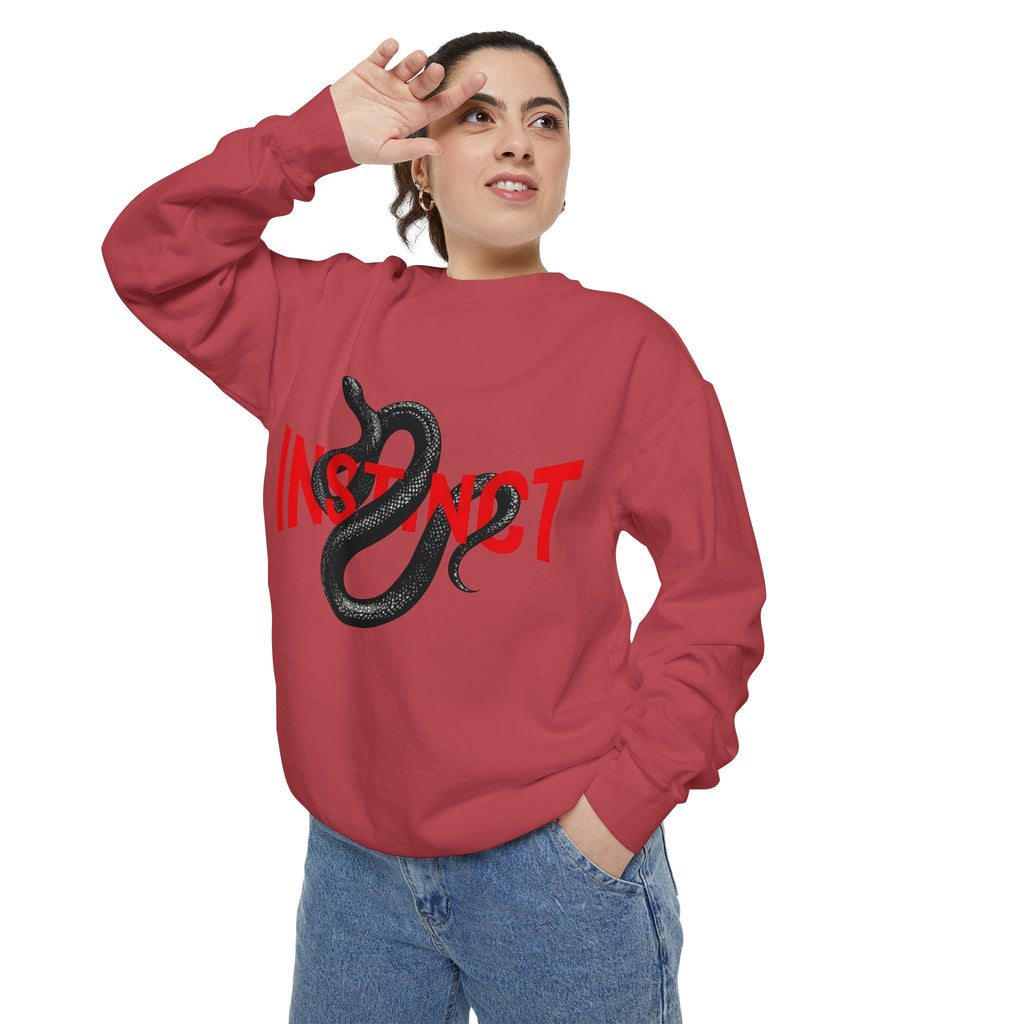 Instinct Snake Sweatshirt — Graphic Crewneck with Bold Red Text