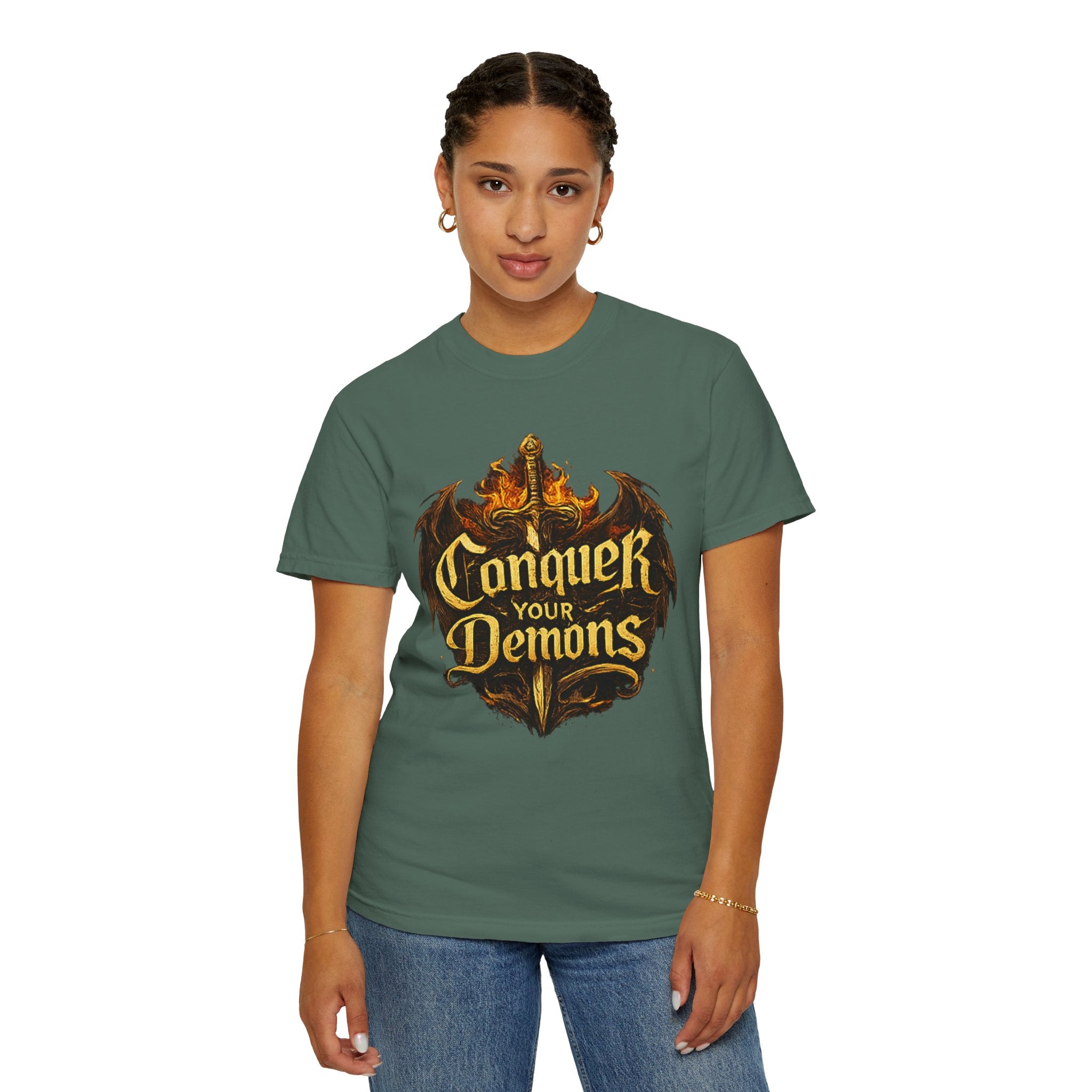 Conquer Your Demons T-Shirt — Gothic Sword & Flames Motivational Tee