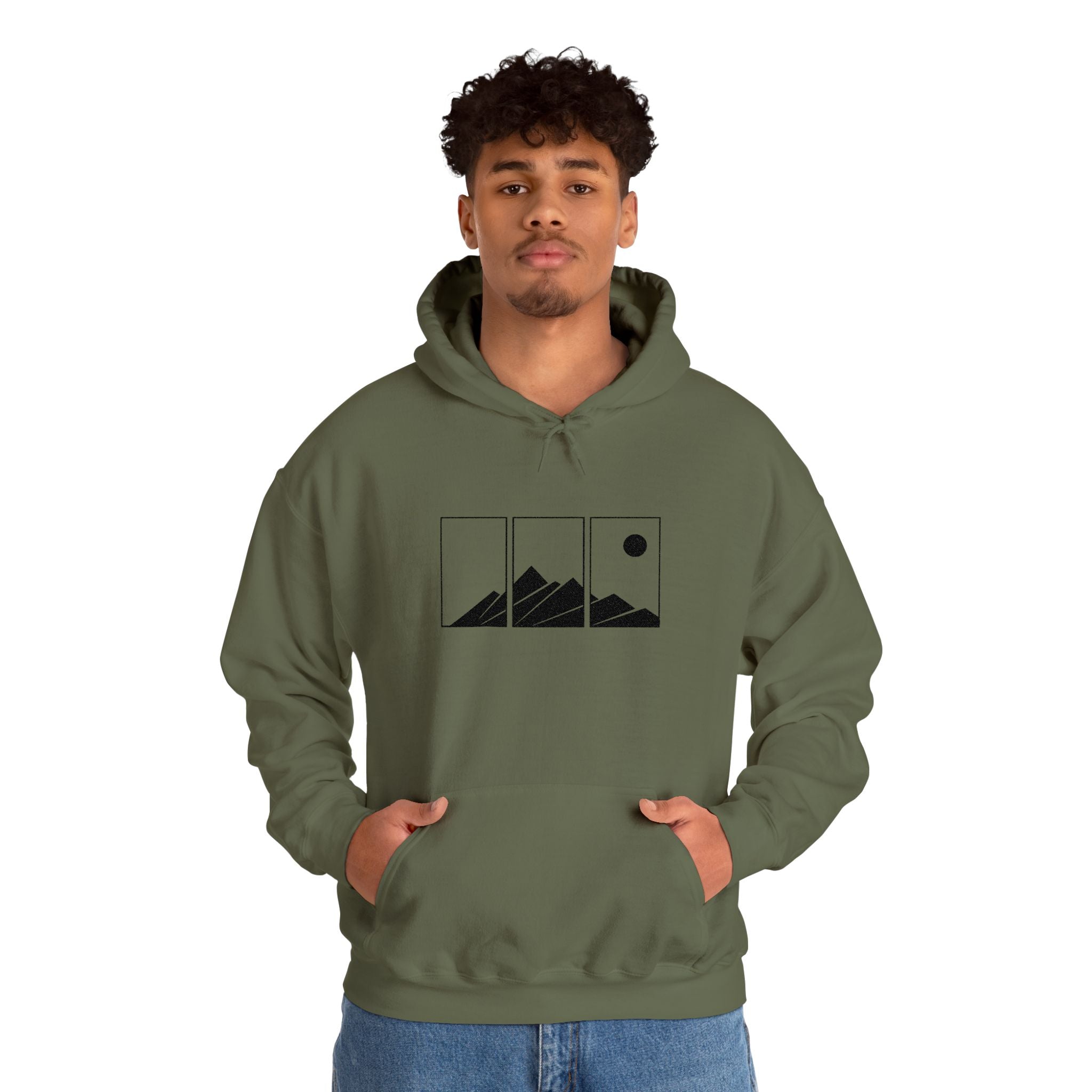 Mountain Triptych Hoodie — Minimalist Scenic Graphic Pullover Embroidered