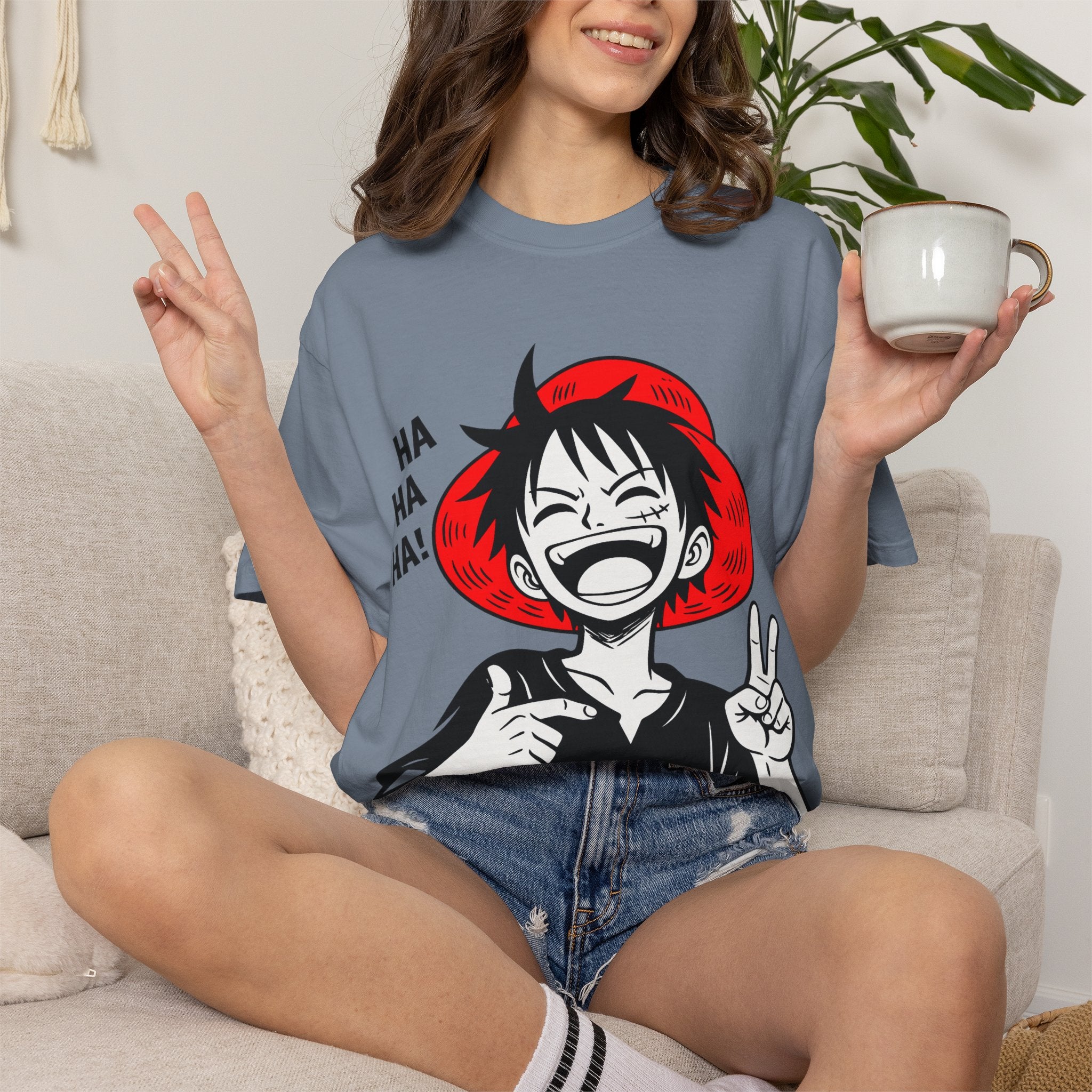 Anime Luffy Laughing Graphic T-shirt - Monkey D. Luffy Peace Sign Tee
