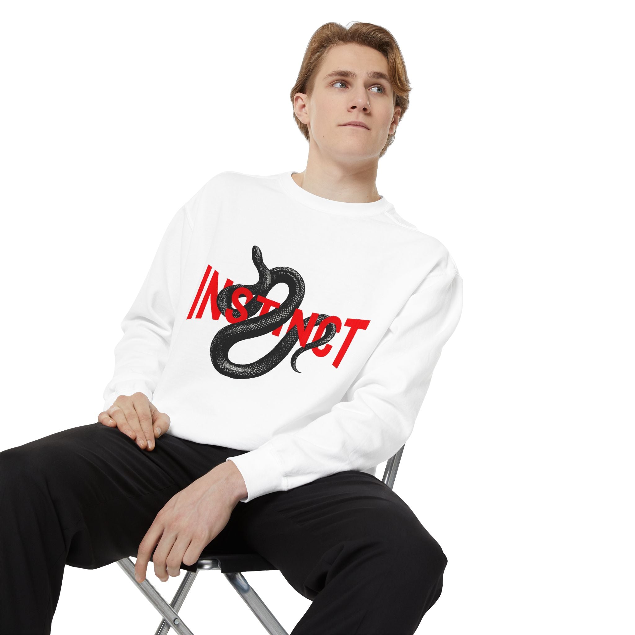 Instinct Snake Sweatshirt — Graphic Crewneck with Bold Red Text