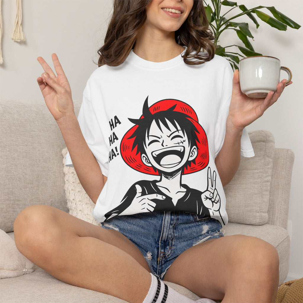 Anime Luffy Laughing Graphic T-shirt - Monkey D. Luffy Peace Sign Tee
