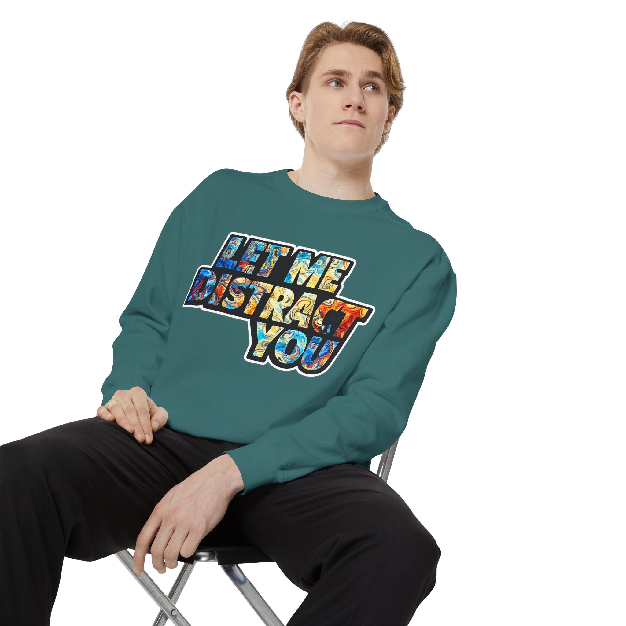 Let Me Distract You Sweatshirt — Colorful Retro Graphic Crewneck