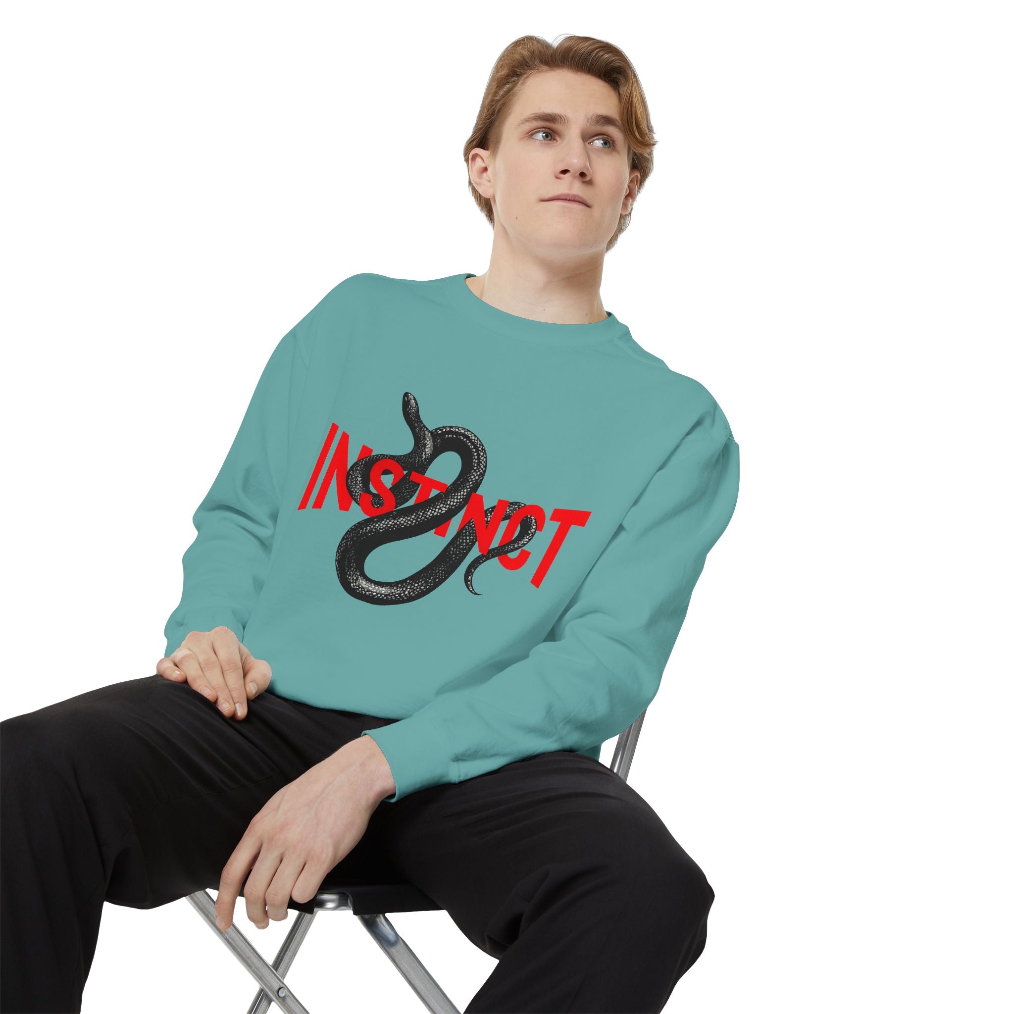 Instinct Snake Sweatshirt — Graphic Crewneck with Bold Red Text