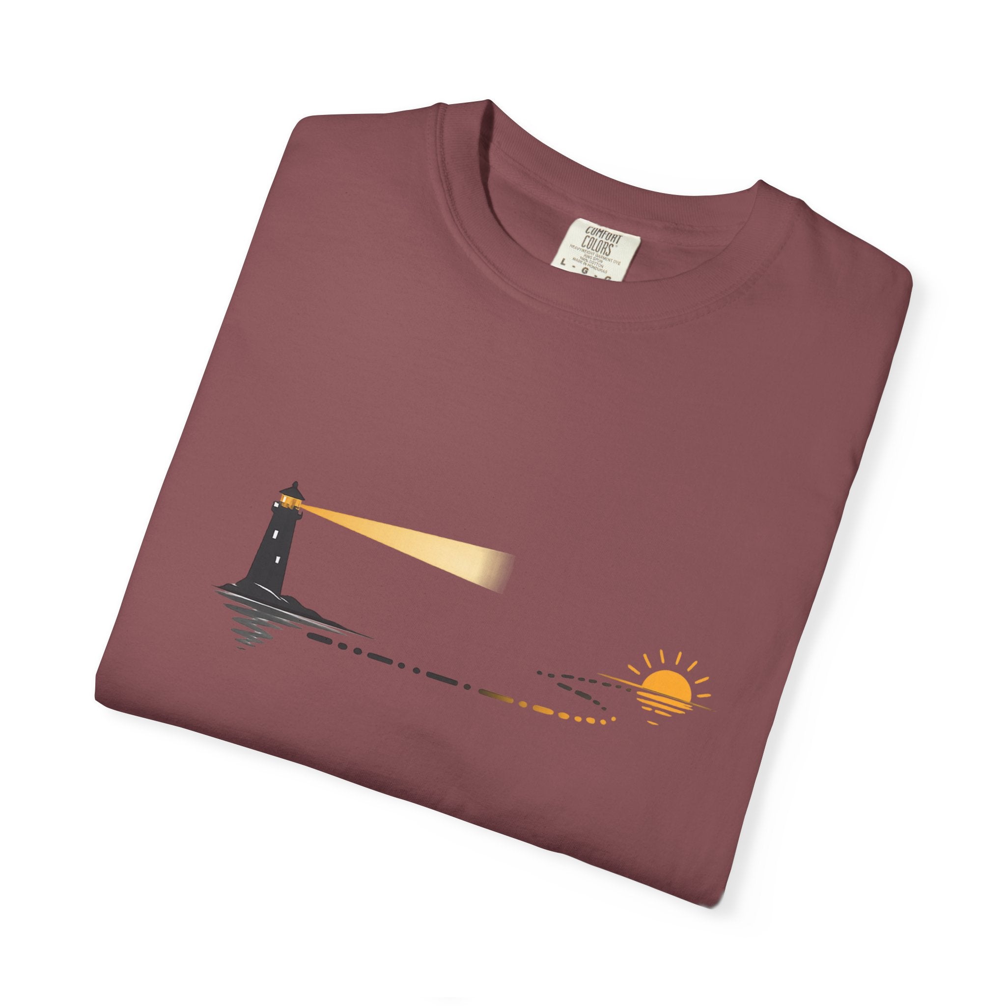 Lighthouse Sunset T-Shirt — Nautical Coastal Tee with Beacon Graphic