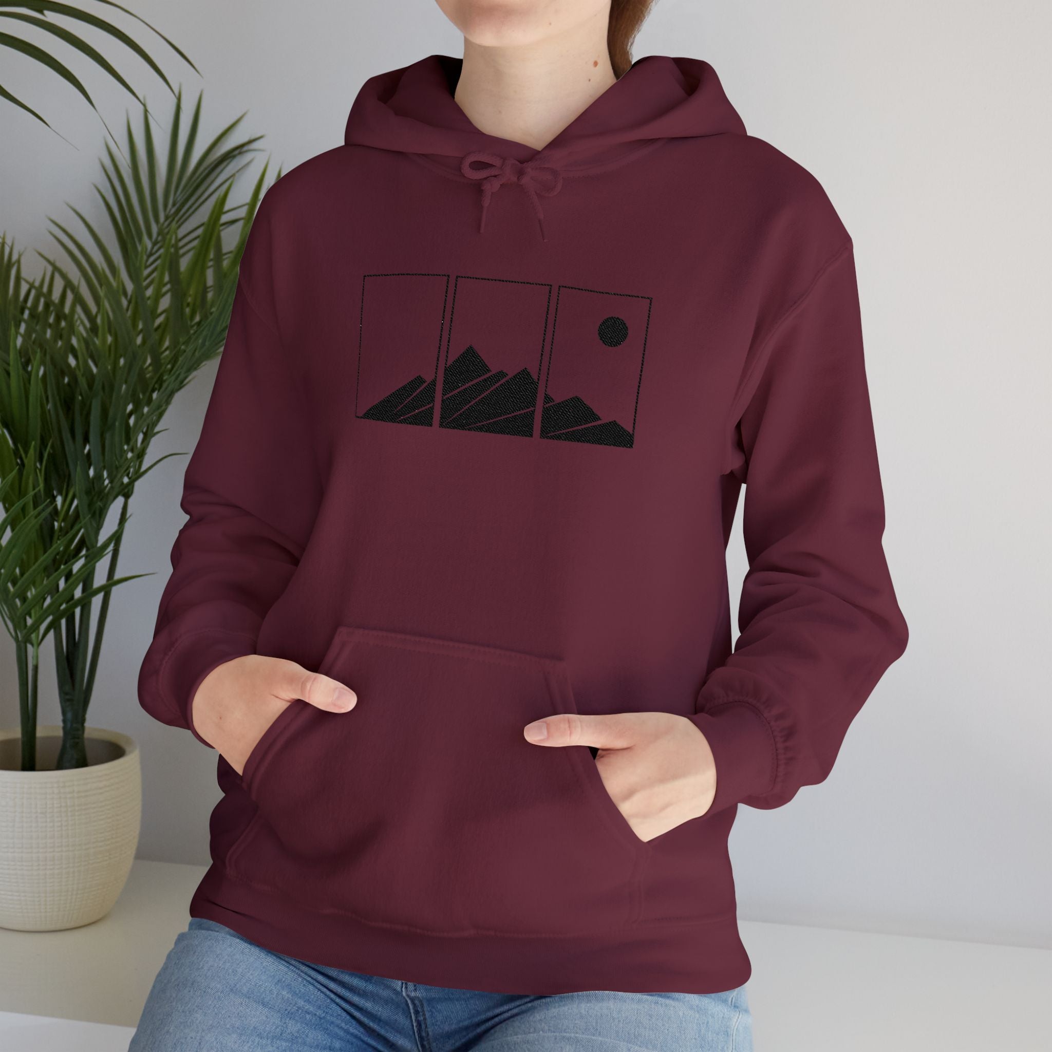 Mountain Triptych Hoodie — Minimalist Scenic Graphic Pullover Embroidered