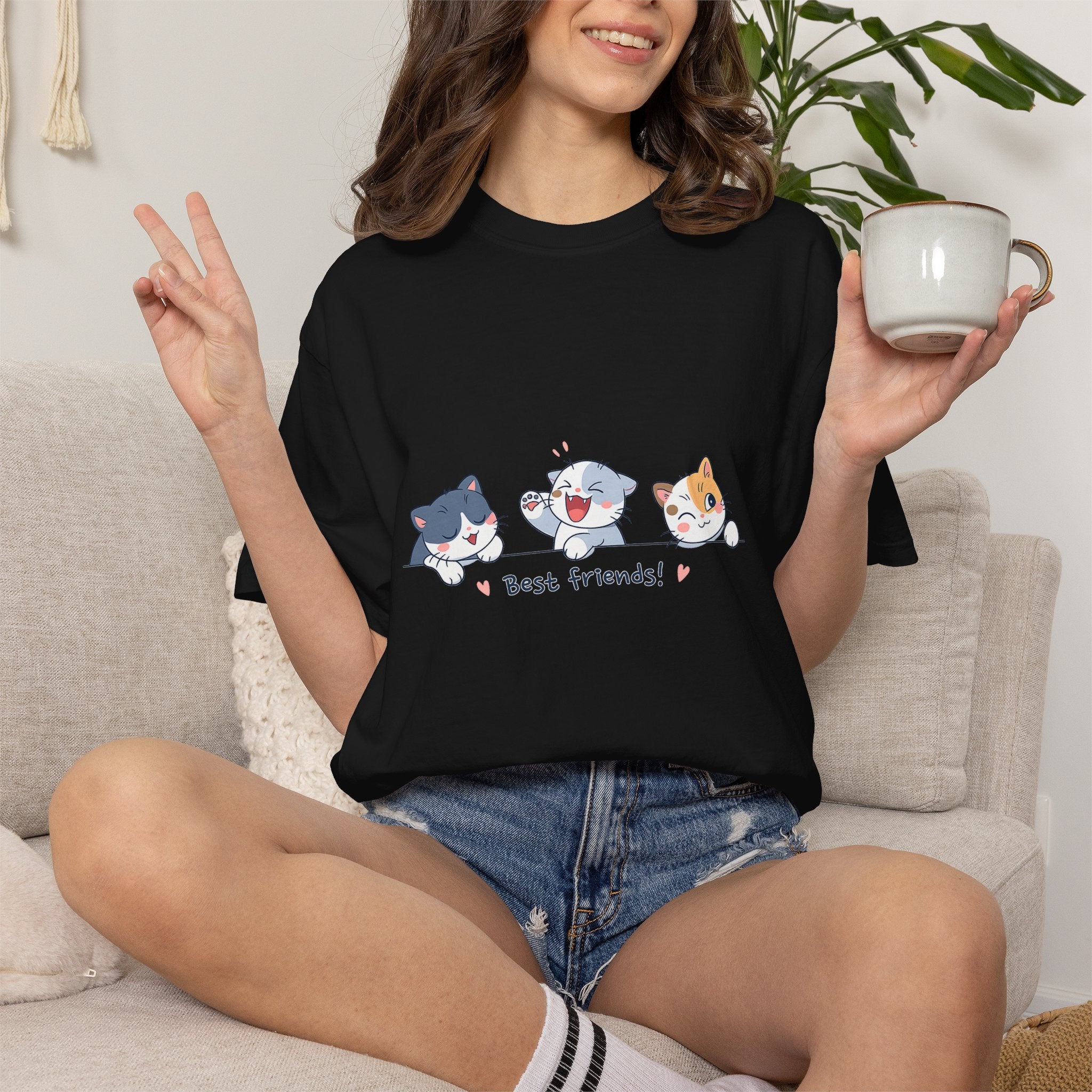 Cute ‘Best Friends!’ Cat T-Shirt — Cartoon Kitten Trio Graphic Tee
