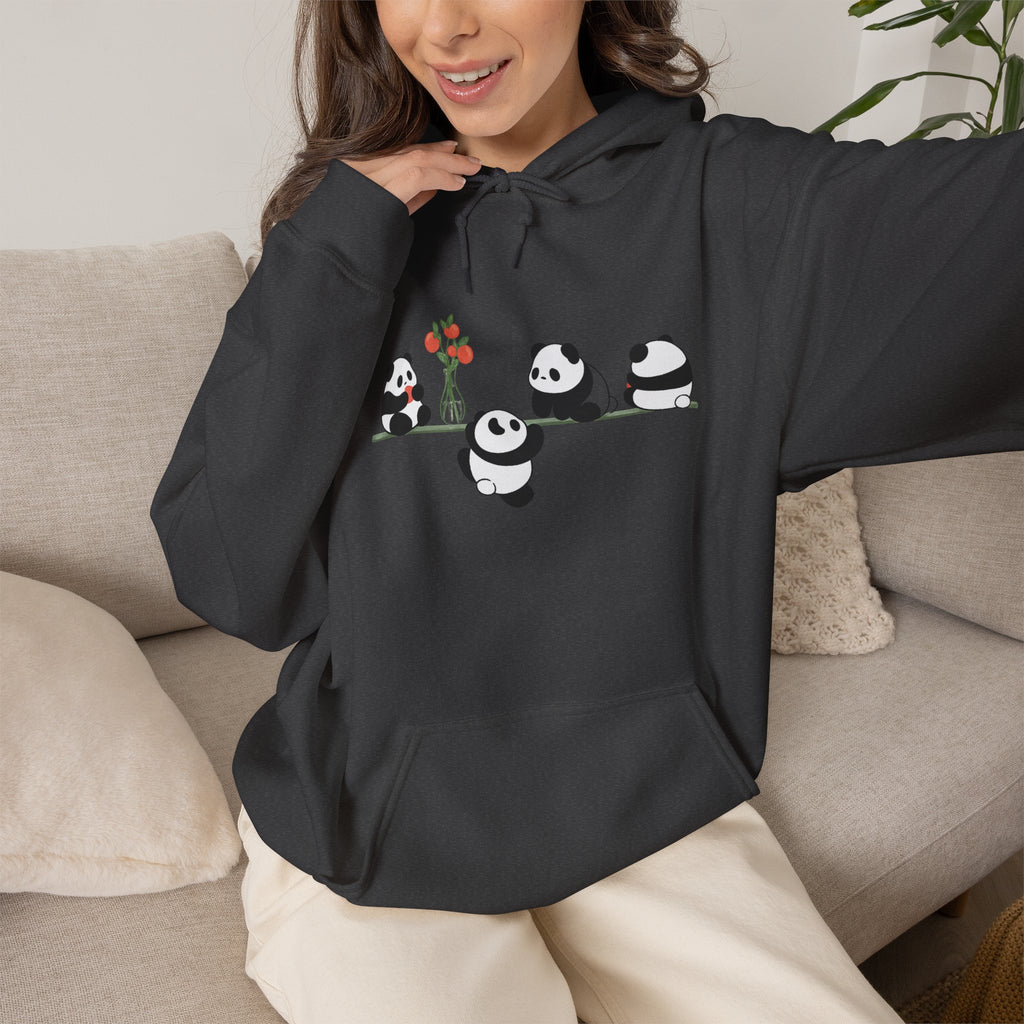 Pandas on a Line Hoodie — Cute Cartoon Pandas Holding Flower Pullover