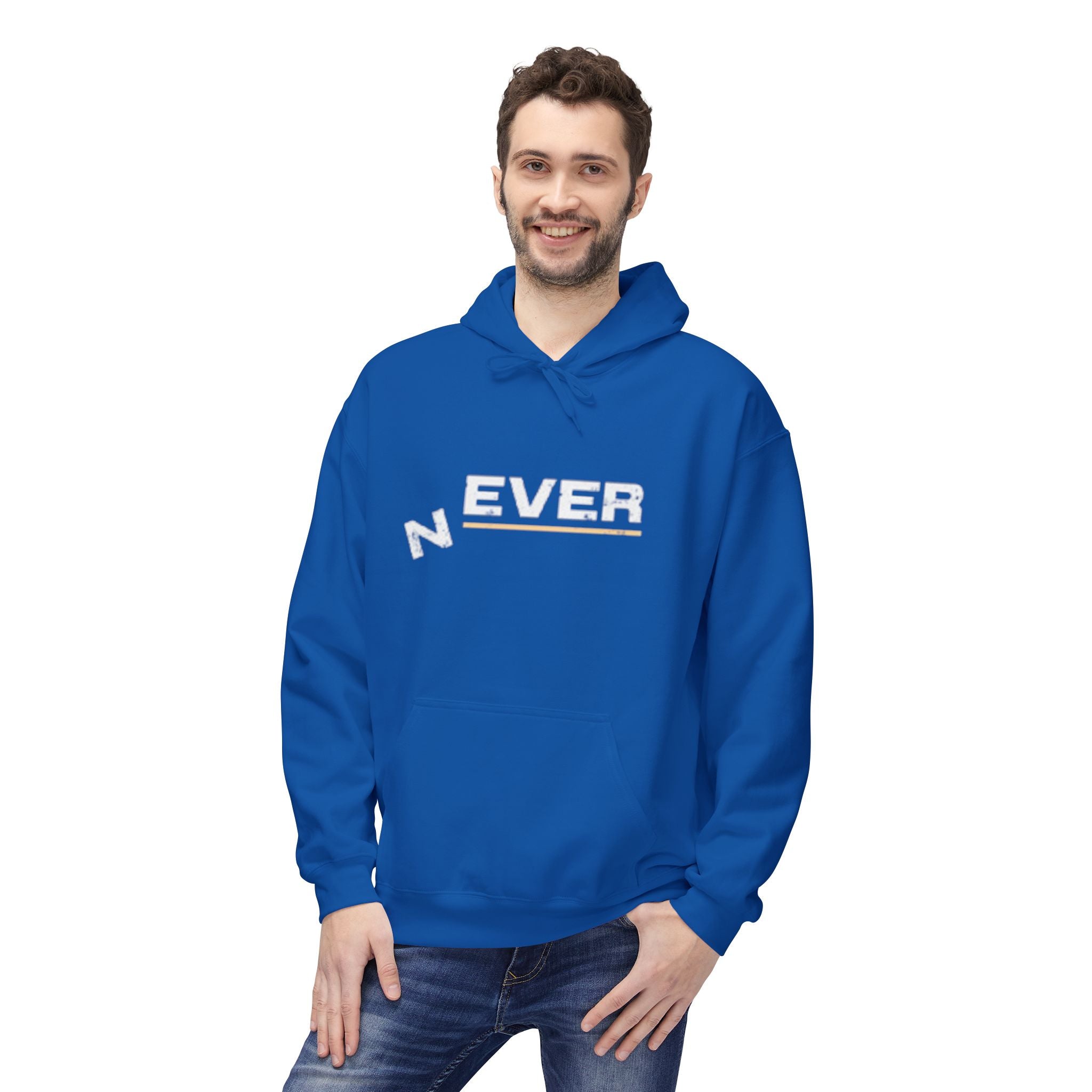 Never Typography Hoodie — Brown Casual Graphic Pullover