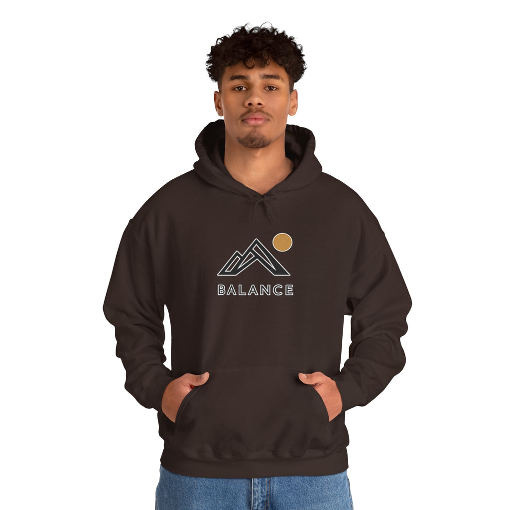 Balance Mountain Hoodie — Minimalist Sunrise Graphic Hooded Sweatshirt