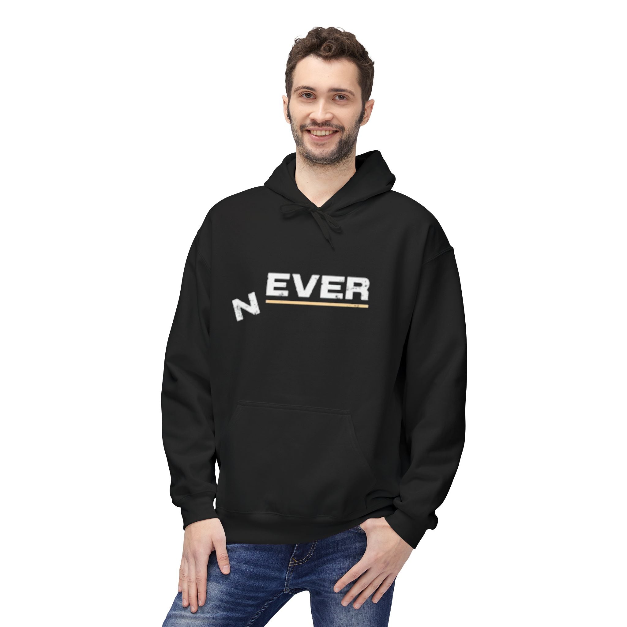 Never Typography Hoodie — Brown Casual Graphic Pullover