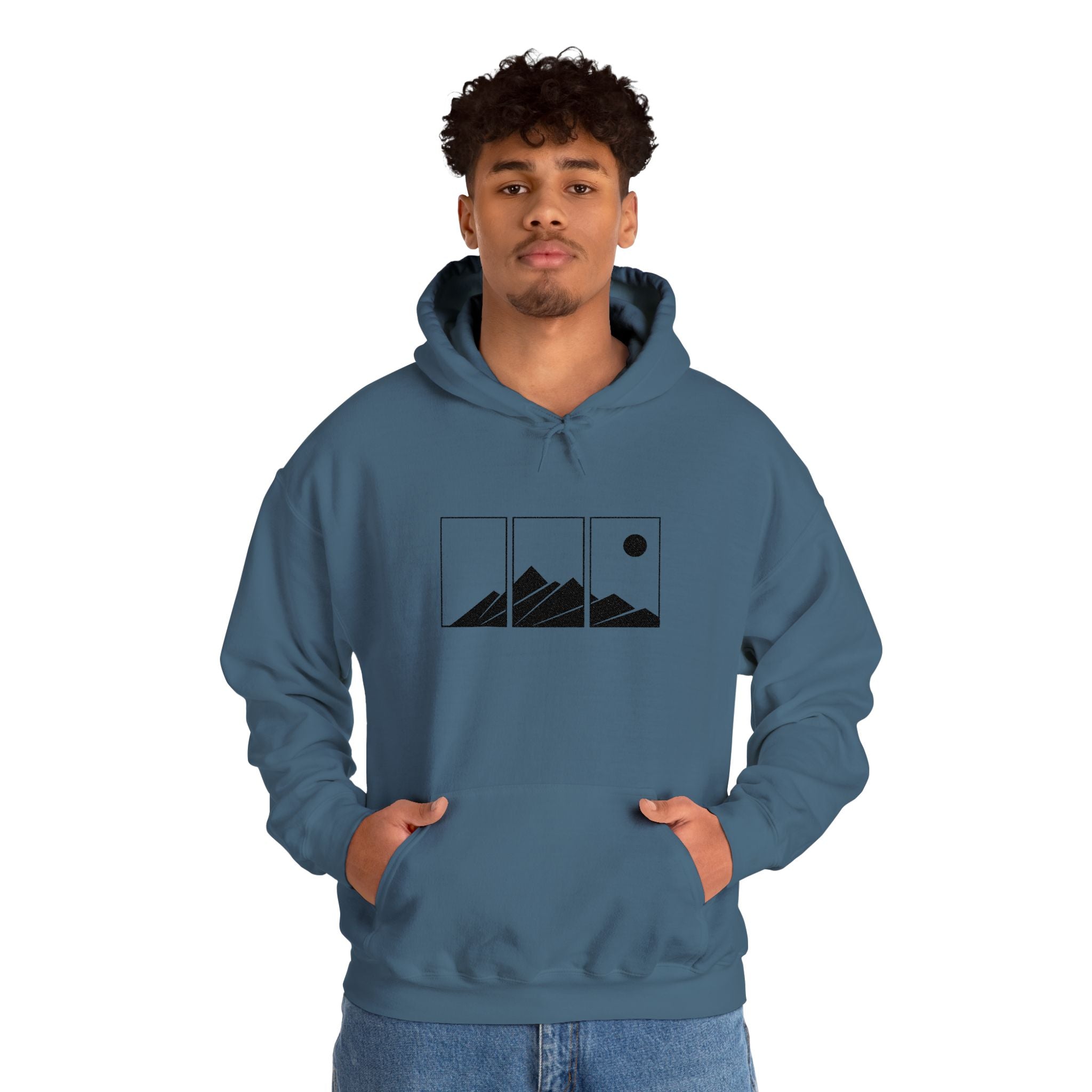 Mountain Triptych Hoodie — Minimalist Scenic Graphic Pullover Embroidered