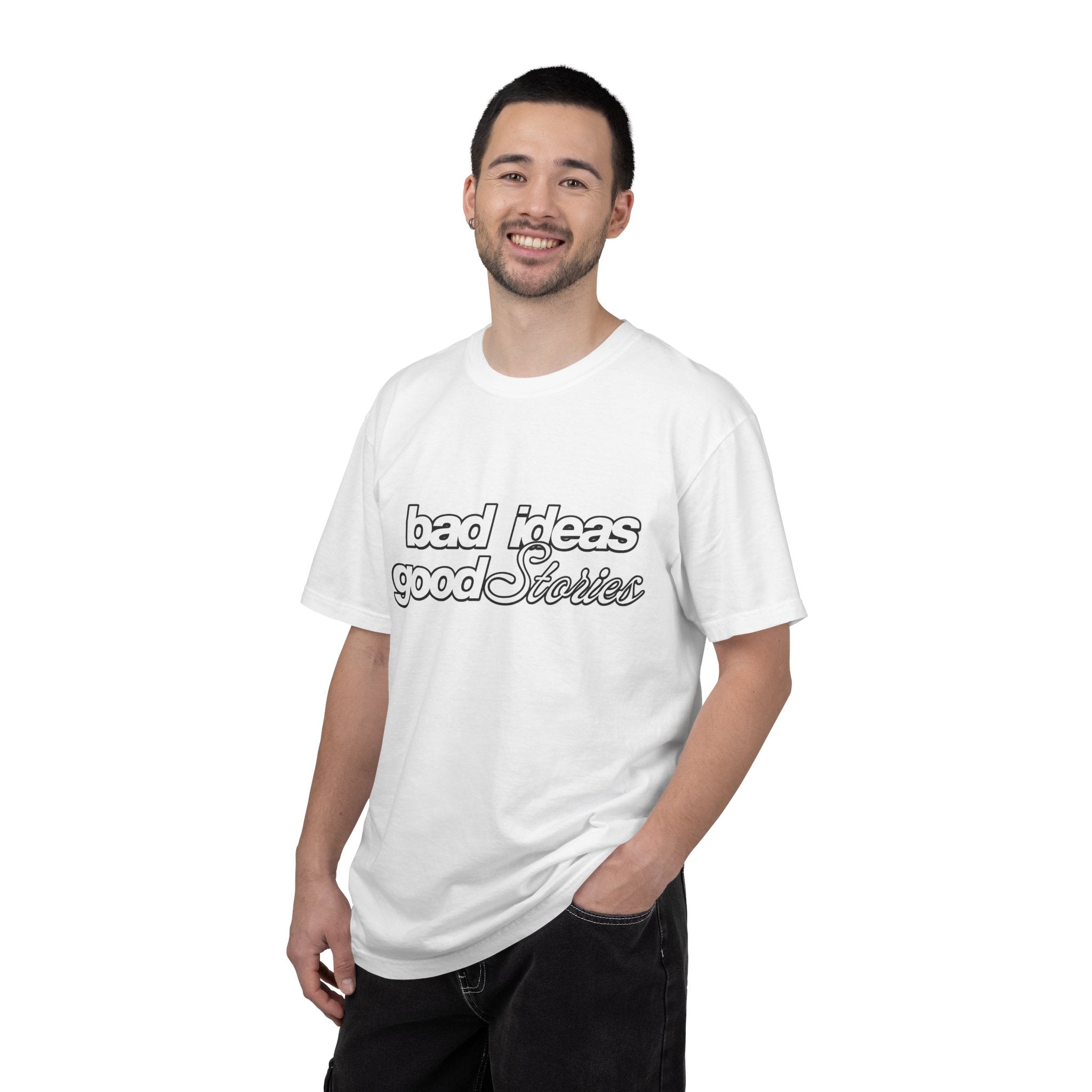 T-Shirt — “bad ideas good stories” Retro Script Tee