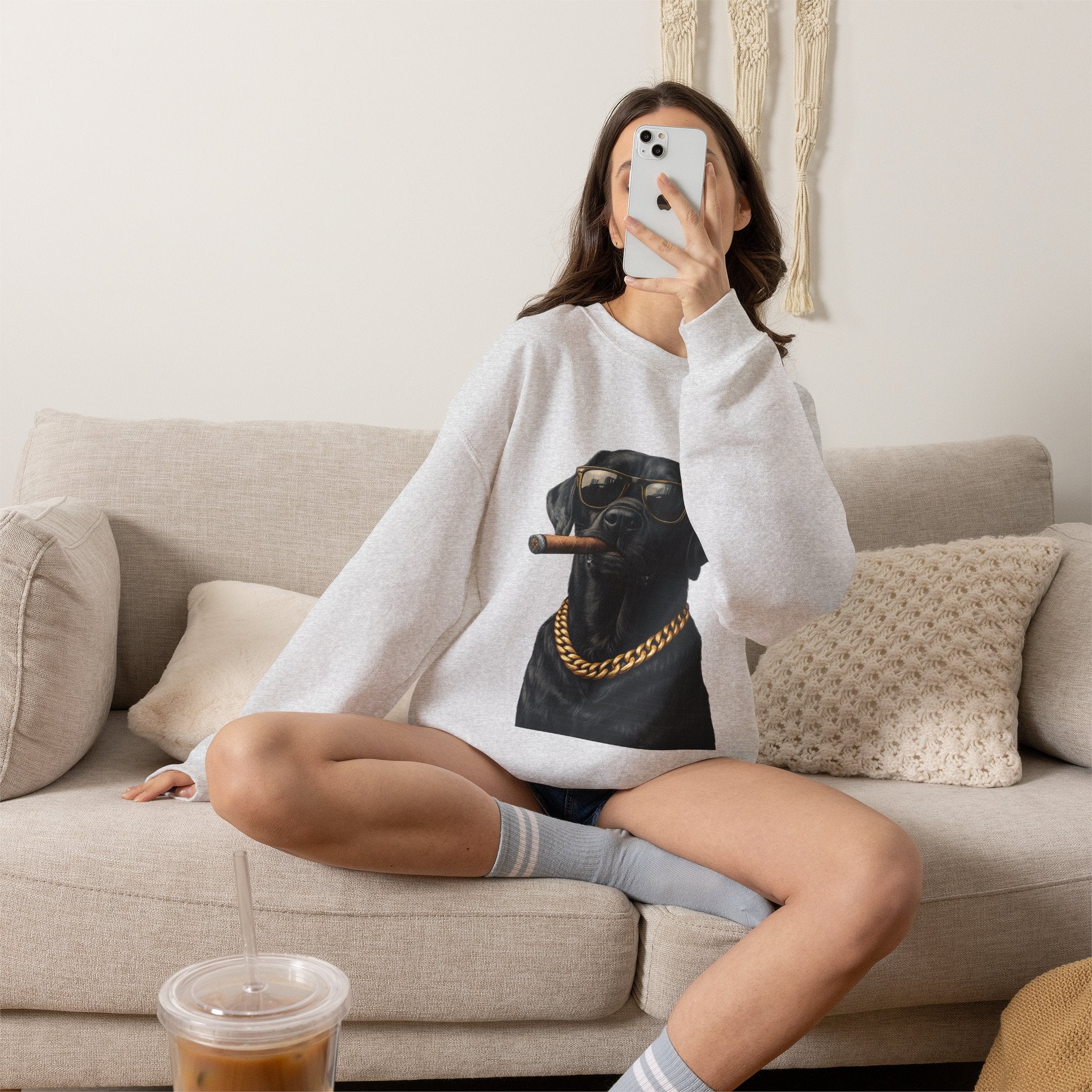 Cool Black Lab Crewneck Sweatshirt — Dog with Cigar & Gold Chain Graphic