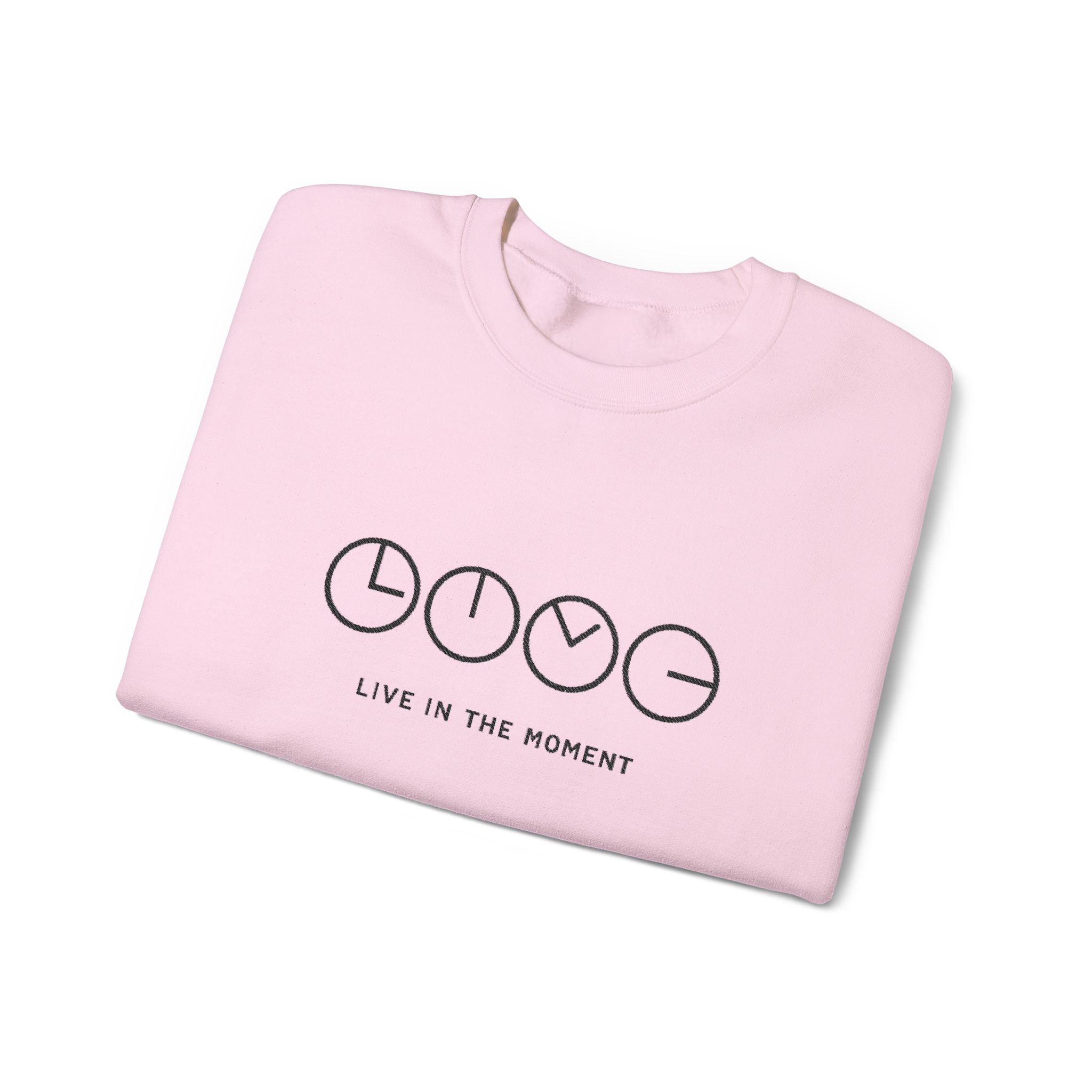Live In The Moment Crewneck Sweatshirt — Minimal Clock Graphic Embroidered