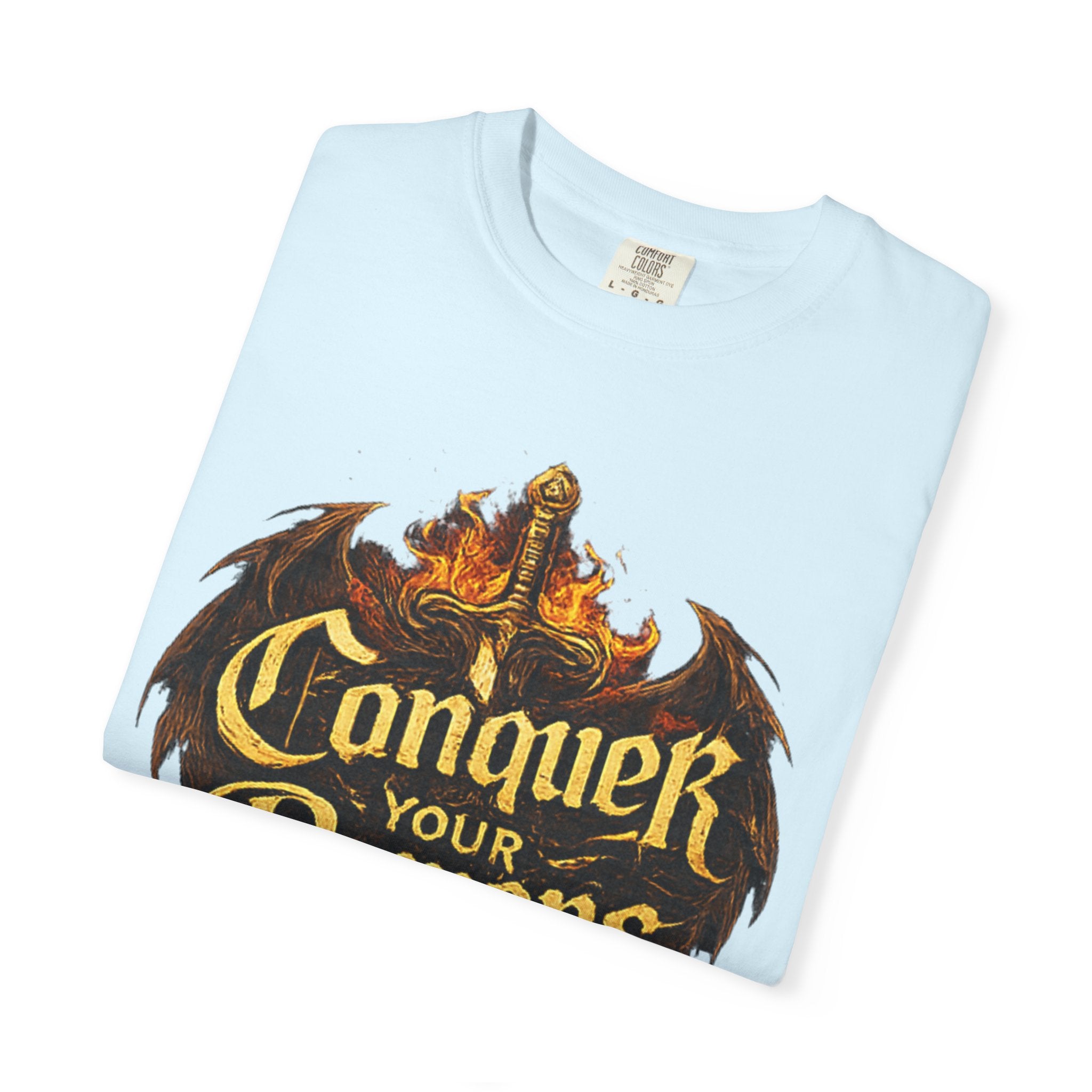 Conquer Your Demons T-Shirt — Gothic Sword & Flames Motivational Tee